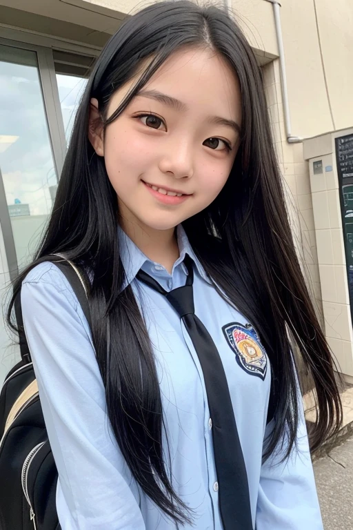 from below,A -yeld juschool girl with long black hair wearing a school uniform with alight smile,