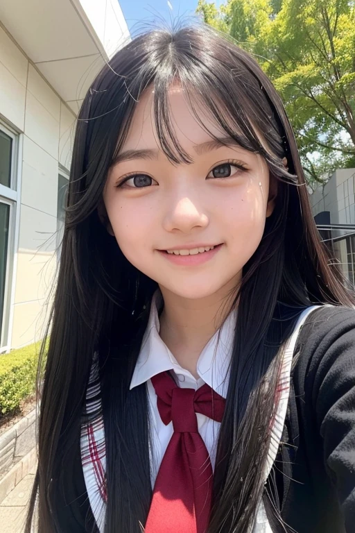 from below,A -yeld juschool girl with long black hair wearing a school uniform with alight smile,