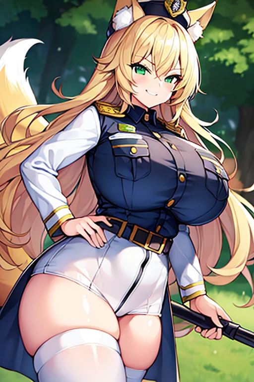 1girl, huge breasts, thick thighs, wide hips, blonde hair, long hair, fox ears, green eyes, fox tail, police, police hat, policewoman, white uniform, white clothes, smile, smirk, smug, leotard, belt,