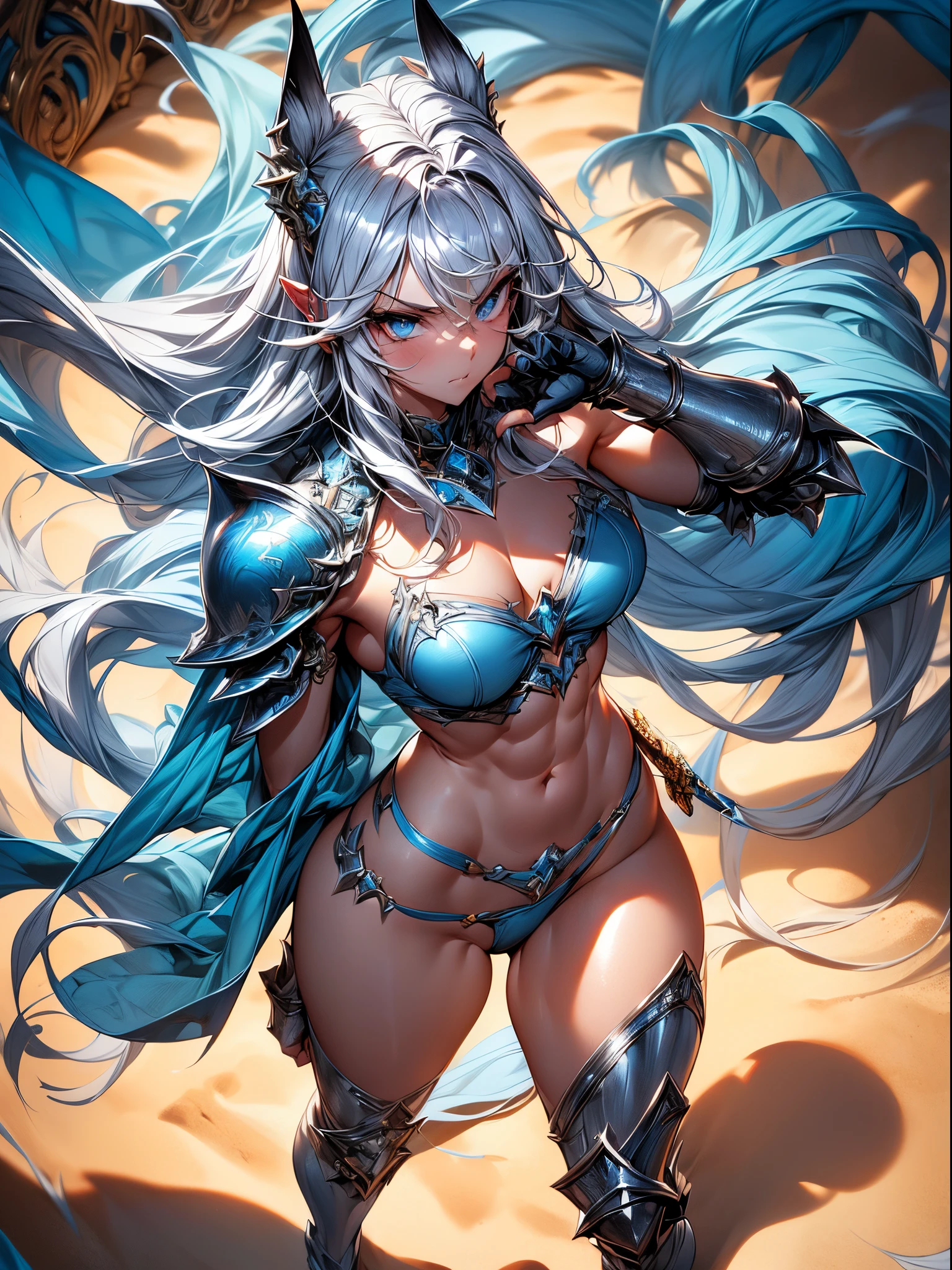 Absurdres ,1 girl,Serious,Silver hair,Wolf ears,Blue eyes,Bikini Armor,sword grip,Abs,(,upward glance  ,from above:1.3),Dynamic Pose,Dynamic Angle,dynamic lighting,best quality,insanely detailed,Hyper realistic, Perfect Anatomy,perfect 5 fingers,amazing,super fine illustration