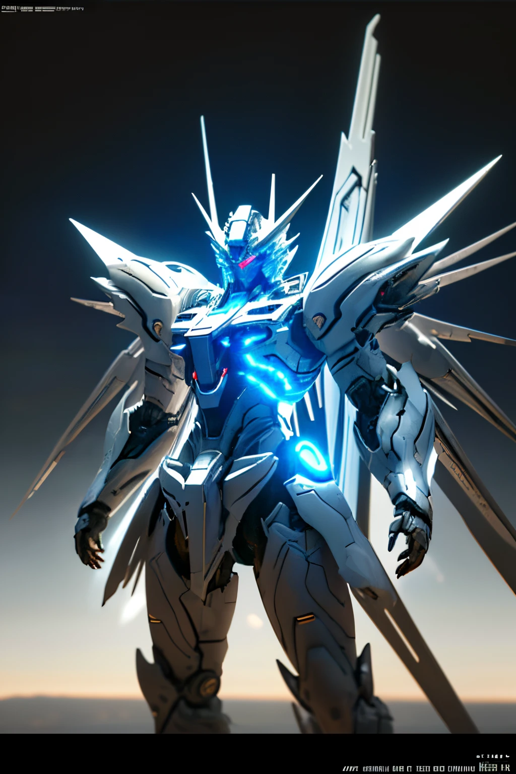 1 gundam robot crouching, glowing eyes, glowing armor,white mecha, wings,  zhongfenghua, cannons, ((cinematic lighting, high key, high contrast, )) (reflective , hard surface, omit details, ) , cyberpunk neon light, masterpiece, high quality, dynamic angle, dynamic pose , weapon, (photorealistic:1.5) depth of field, sunny blue sky, sunlight, lens glare, bright,pov from top