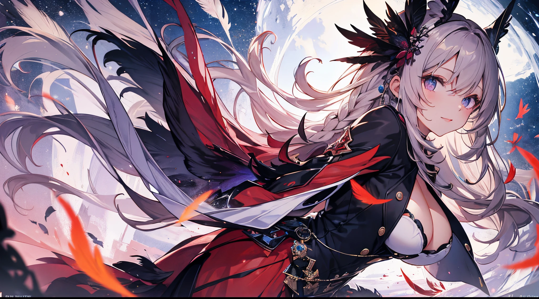 （（tmasterpiece：1.4，Best quality））+，（hyper-detailing）+，（Ultra-detailed eyes）+，（winged ears：1.5），
（cute girls），15year old，（Crimson pupils：1.15），Long dark blond hair，long braid，Bushy hair（wariza：1.2），pale-skinned，seduct smile，Star Crystal，red bird feathers，vacant eyes，Blood-red lips
（She wore a conservative red and yellow bird feather coat，Black pattern，：1.5），（Starry Sky Cloak：1.4）The sleeves are extra-long，Red bird feather headdress，Flame hair，baiyun，A sea of red leaves and vines，Dream bubbles，black fingernails，green leafy corolla，red apple，Purple grapes，With your back to everyone，purple tears，Metal anklet
（bird feathers：1.1），
（dawn light：1.2），
（Thick black and white：1.16），（depth of fields：1.4），Complicated details，color mixing，Detailed route，Excellent,super detailing,The content is very detailed,(hight contrast:1.11),ventania,Amazing cleavage,beautidful eyes,messy  hair,(best illuminate，Extremely Delicately Beautiful), ((movie light lighting)), (seen from the side:1.3)，8K,tmasterpiece，Best quality，cinematic Film still from，1 plump girl，floating in sky，Intertwined clouds，cloud，（Close-up cleavage：1.1），bright，cheerful，Interesting，gentlesoftlighting，（bauhause，shape，line engineering，Abstract：1.1）offcial art， Unity 8k壁纸， ultra - detailed， Beautiful and beautiful， tmasterpiece， Best quality， （dynamic angle：1.4），romantic depth of field exotic_dances，Perfect NwsjMajic，（tmasterpiece，top-quality，Best quality，offcial art，Beauty and aesthetics：1.2），The content is very detailed，rich colourful，highest details，