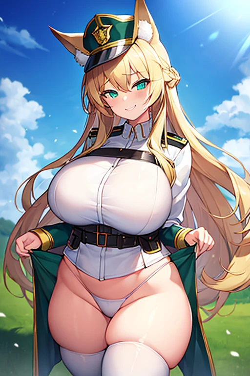 1girl, huge breasts, thick thighs, wide hips, blonde hair, long hair, fox ears, green eyes, fox tail, police, police hat, policewoman, white uniform, white clothes, smile, smirk, smug, leotard, belt,