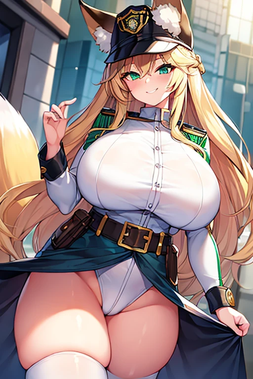 1girl, huge breasts, thick thighs, wide hips, blonde hair, long hair, fox ears, green eyes, fox tail, police, police hat, policewoman, white uniform, white clothes, smile, smirk, smug, leotard, belt,