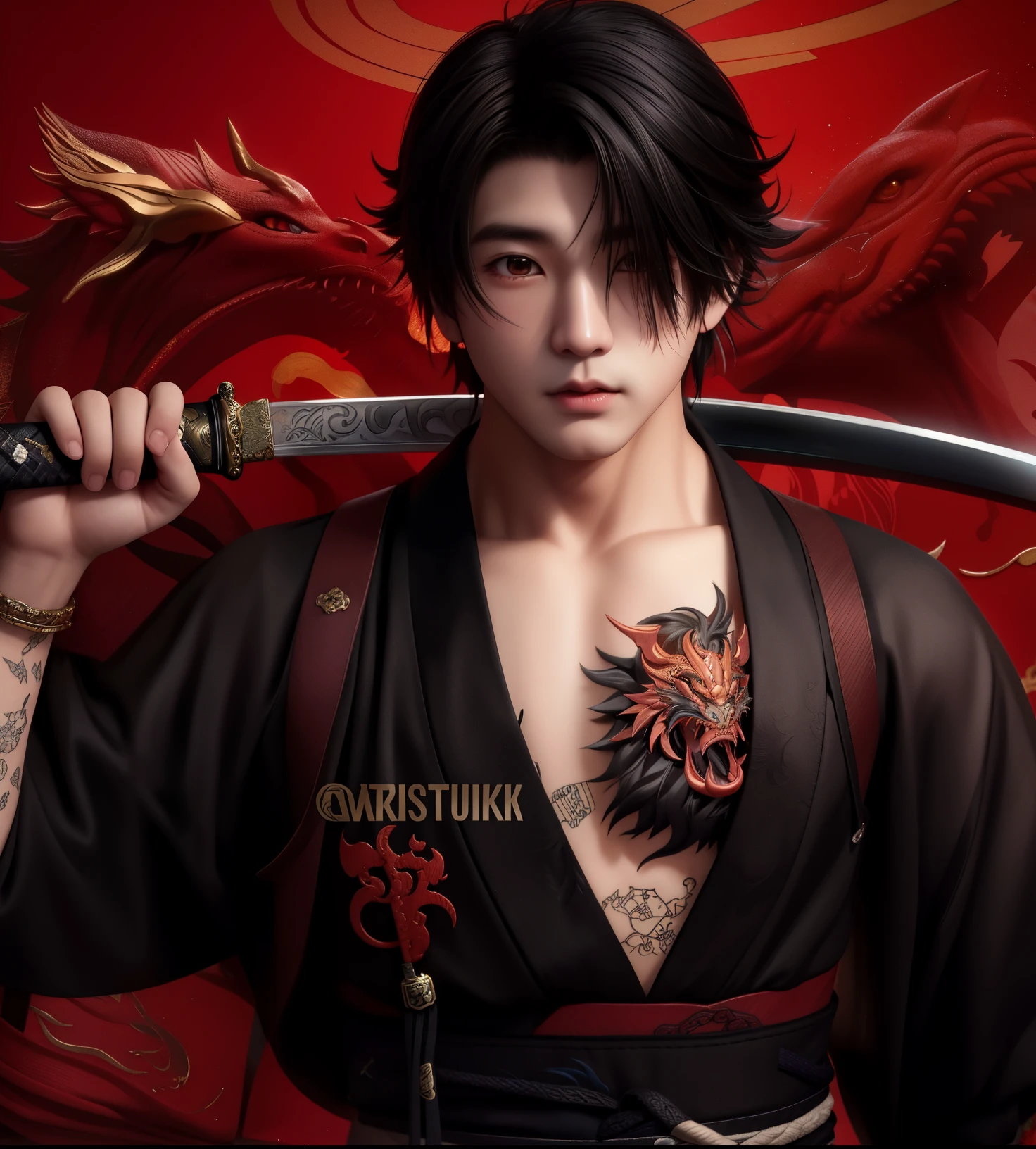 blurred image of a man with a sword and a dragon on his chest, handsome japanese demon boy, cara bonito na arte demon slayer, inspired by Kanō Hōgai, personagem de anime; arte de corpo inteiro, inspired by Itō Ogura Yonesuke, Kazuya Tsurumaki, inspirado em Iwao Takamoto jungkook