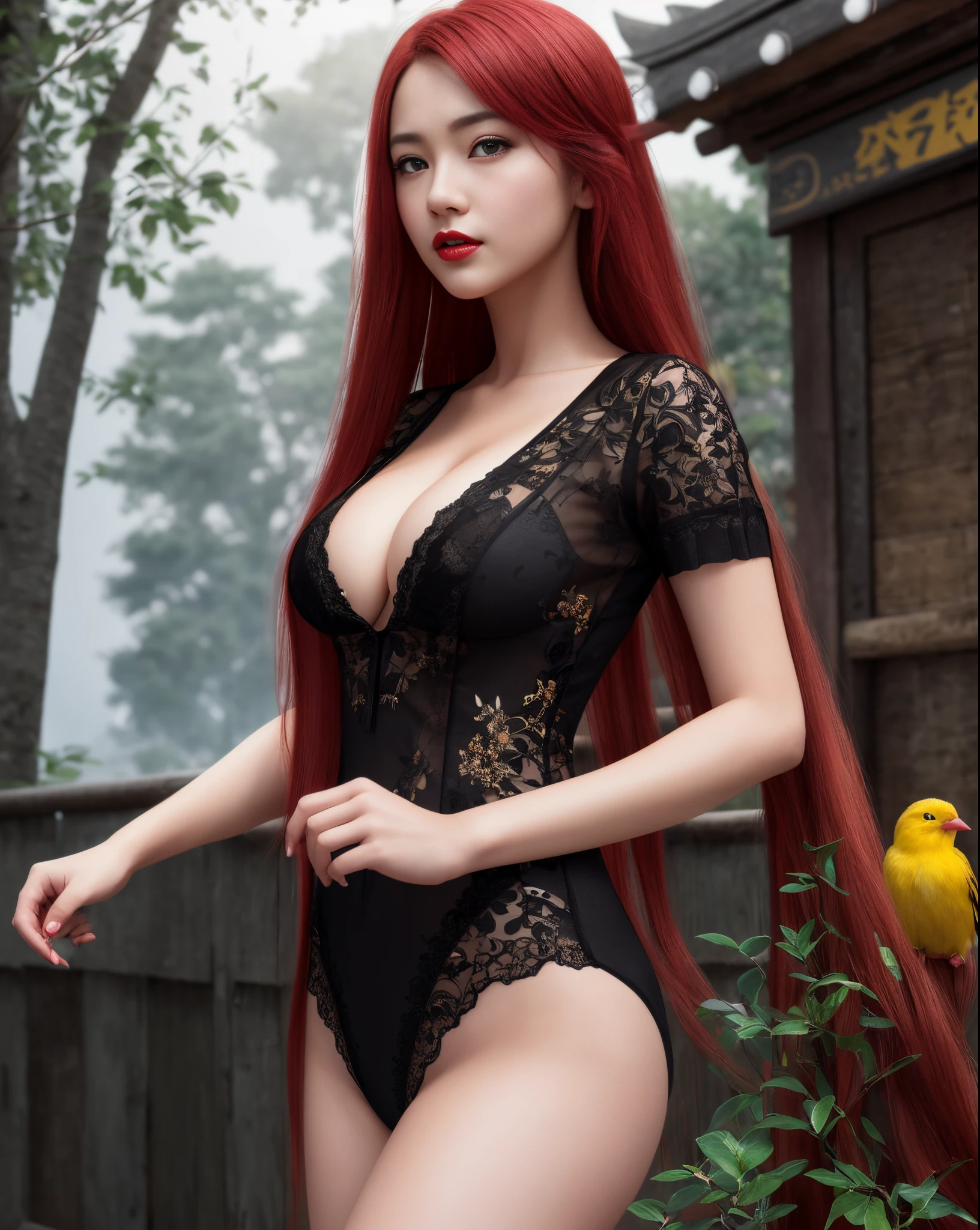 (8K, Raw photo, Best Quality, masutepiece:1.2), (Realistic, Photorealsitic:1.4), \(ulzzang -6500-v1.1\), \(Detailed eyes\), \(detailed facial features\), \(\(detailed clothes features\)\), (Full body:1.2),(cleavage, Large breasts:1.2), (Face Focus), Highly detailed CG Unity 8K wallpaper, huge filesize, Ultra-detailed, hight resolution, absurderes, Beautiful eyes, Ray tracing, Dramatic shadows, Fine detail, Dramatic Angle, High color saturation, Lens Flare, Dramatic, god rays, Silk, hyper realisitic,(Photo background:1.2),
Sharp Focus, Volumetric fog, 8K UHD, Digital SLR, High quality, (Film grain:1.4), FUJI XT3,(Standing:1.4),Smile,(Very long hair:1.3),(Red hair:1.4),(high-heels:1.2),
(strong yellow bird printed chinese dress),1 girl,(Upper body), high-heels,absurderes,(超A high resolution),(Photorealistic:1.6),Photorealistic,Octane Render,(hyper realisitic:1.2), (Photorealistic face:1.2), (8K), (4K), (masutepiece),(Realistic skin texture), (Illustration, Cinematic lighting,Wallpaper),( Beautiful eyes:1.2),((((Perfect face)))),Black eyes,Red lips, (Outdoors),