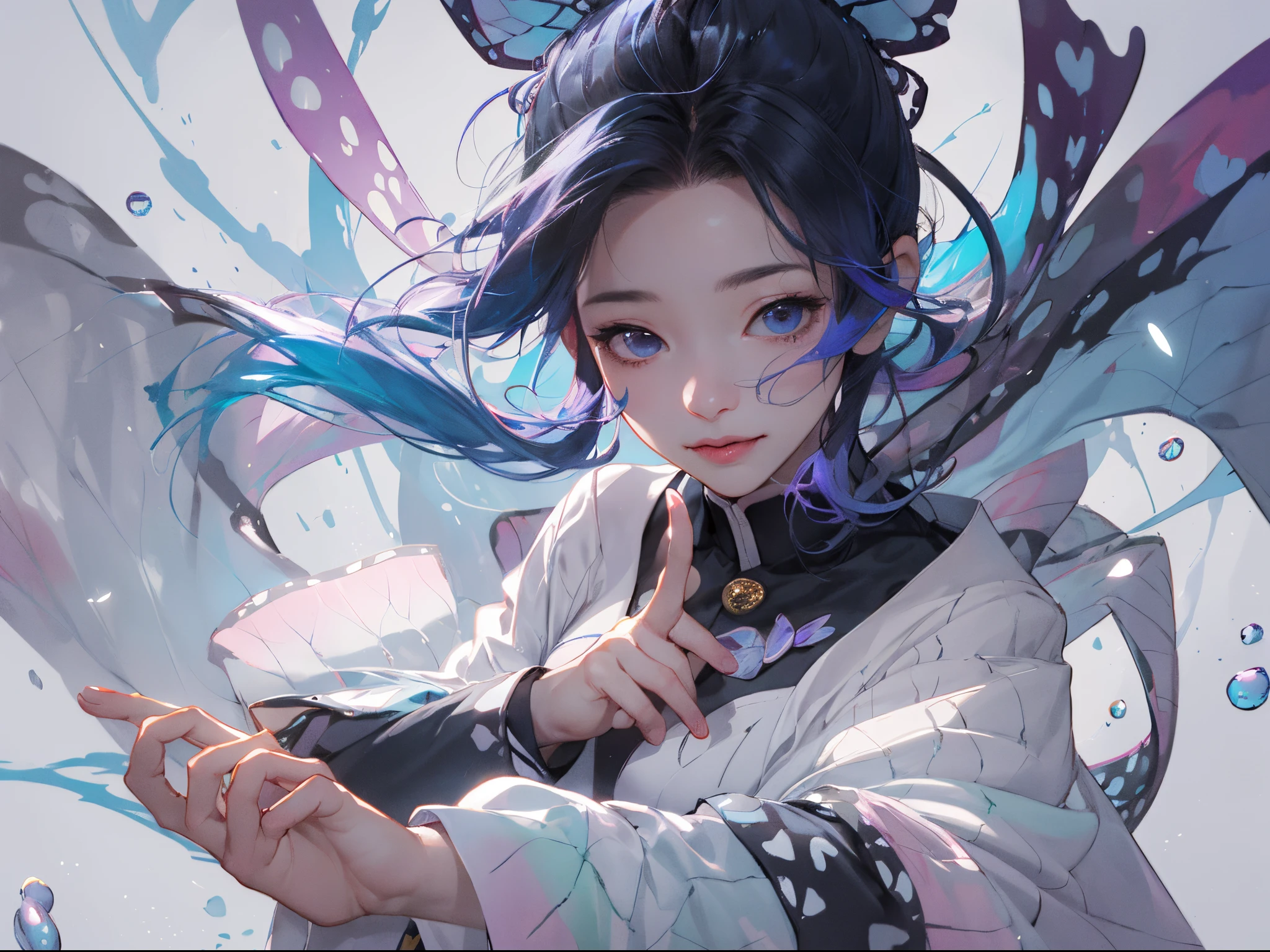 (tmasterpiece), (Best quality at best), (ultra - detailed),(ldisheveled hair),(illustratio), (1个Giant Breast Girl), (Fashion clothing), Permanent, A fashion model, looking at viewert, (Interview), (simple backgound),美丽细致的眼睛, exquisite and beautiful face, floating,(high saturated),(colorful splash),Colorful bubbles,(Shiny), Focus on the face, pony tails, Ayaka Kamisato, lightblue hair, By bangs, hair loops, floating flowers, floatinghair, (Shiny), best illuminate, The best shadow,