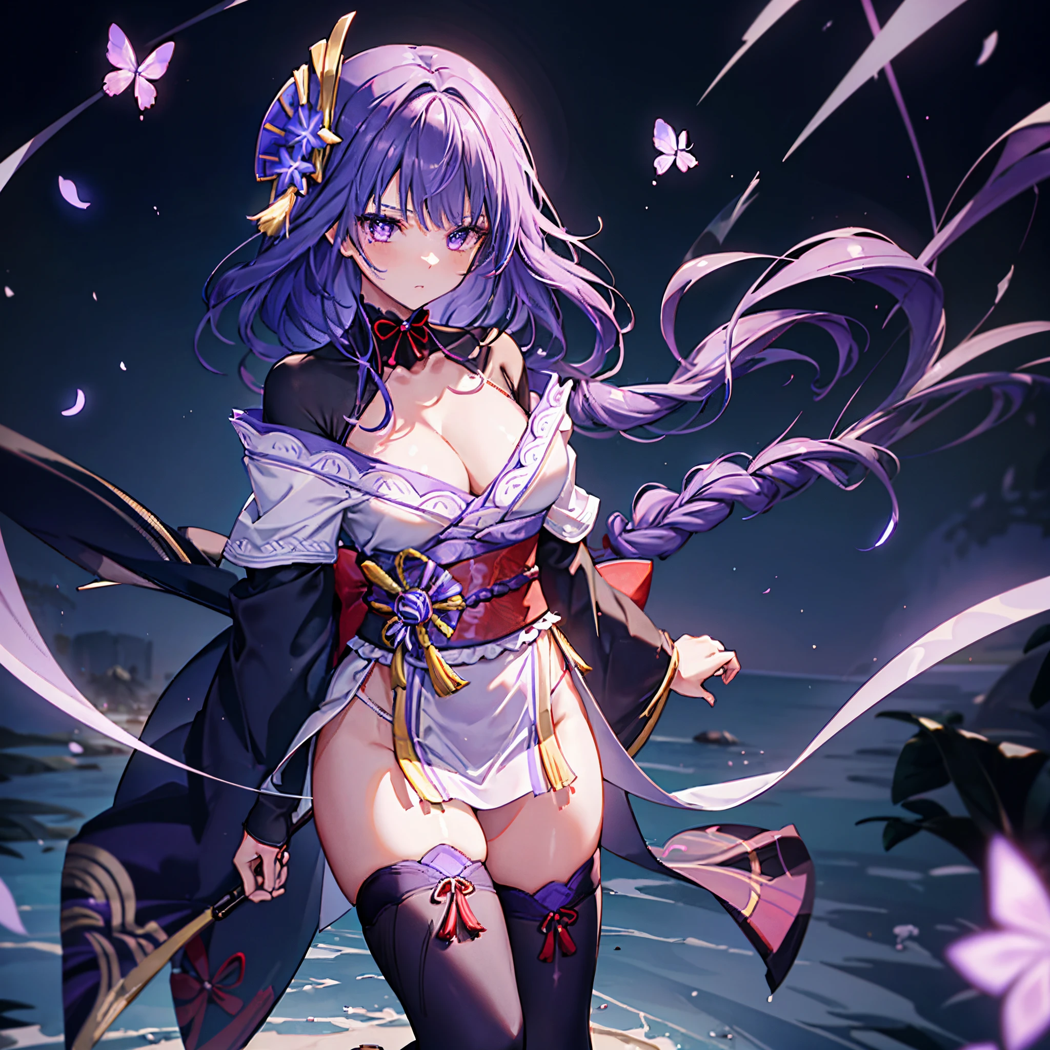 Realistic image, Detailed image, 1 girl (Raiden Shogun). She has long braided purple hair that goes behind her back and a hairpin on the right side of her. She wears a small crimson ribbon around her neck as a choker. Her kimono has a variety of patterns in different shades of purple and crimson. She wears dark purple stockings above knee level, with small diamond slits at the top. On the back of her outfit she wears a crimson bow with tassels. She also wears sandals; the one to her right is adorned with two pale violet flowers. Big breasts, thin waist, wide hips and thick thighs. She is pouting. Cold look. Hers. Her hands are hidden behind her. arched back. View from above. view of Breasts. Flat Bottom. Bottomless. Volumetric light. Ambient light.