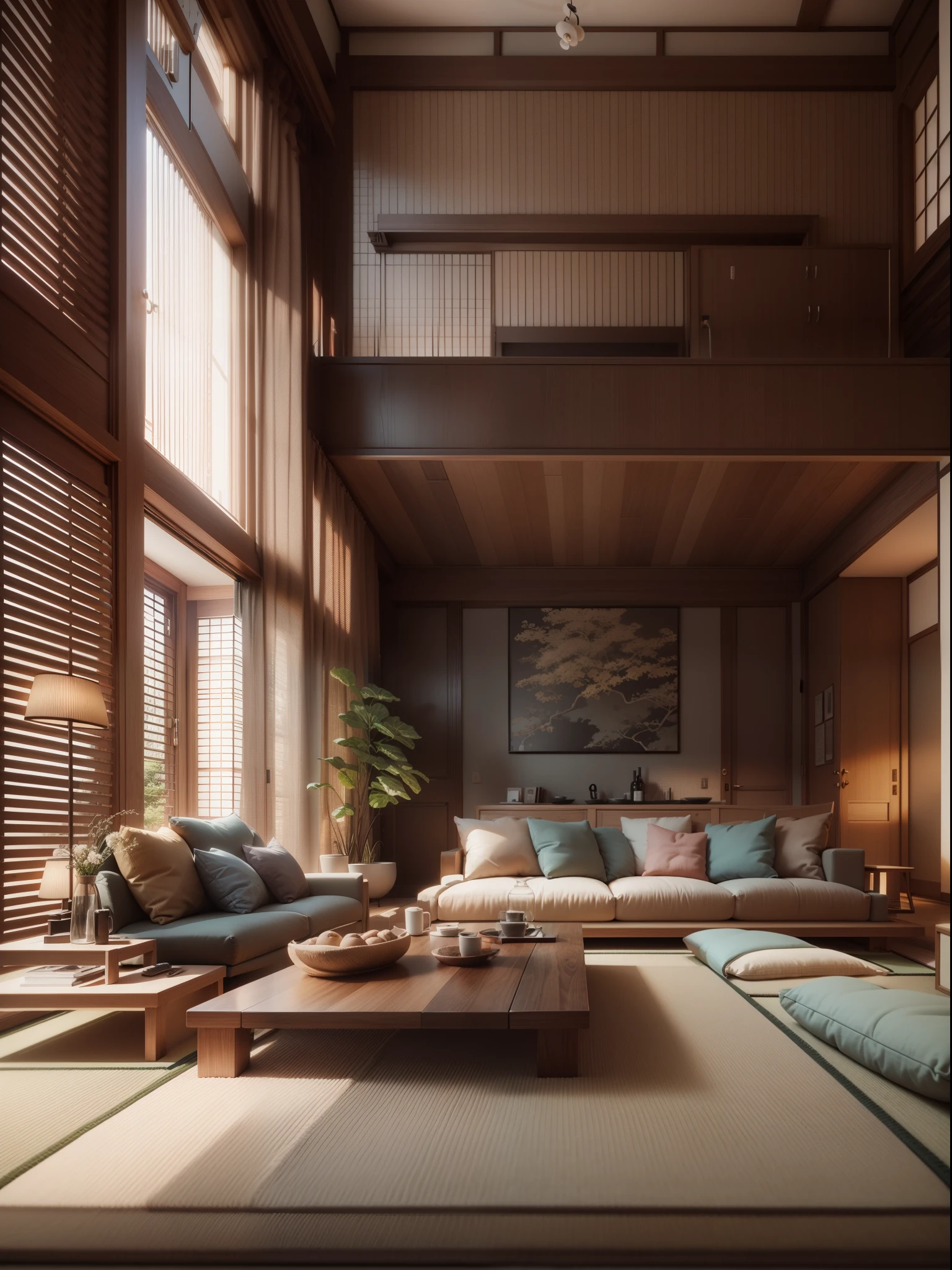 arafed living room with a large couch, a chair, luxury and largest living loom, japanese-style interior design, zen style, muji hotel, dark colored walnut material, well lit 3d render, high quality 3d rendering, excellent 3d render, award winning render, with photorealistic lighting, Modern living room, archviz