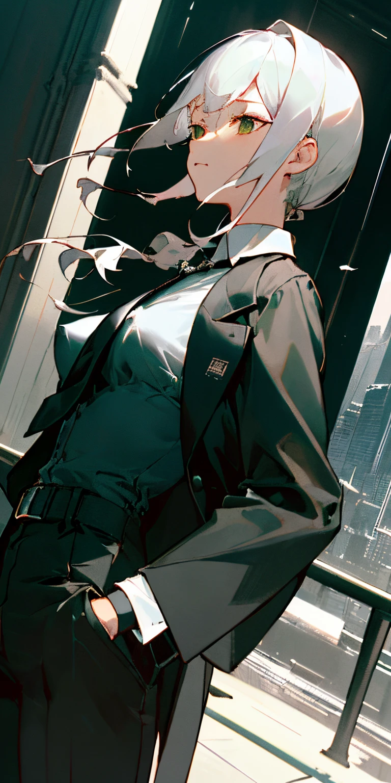 (masterpiece、top-quality)、(((frombelow、depth of fields、Dutch Angle、green lighting)))、floated hair、女の子1人、Upper body naked、nedium breasts、Nipple Exposed、独奏、Formal、hands on pockets、Suits、Black Gloves、建筑、looking at viewert、Black tie、Fingerless gloves、White shirt、sity、outside of house、Black jacket、a belt、Black pants、shirt with collar、Brown-eyed、is standing、long-sleeve、white hair、Cityscape、Open jacket、cowboy shot、Skyscraper、Black Suit、natta、pant suit、Very long hair