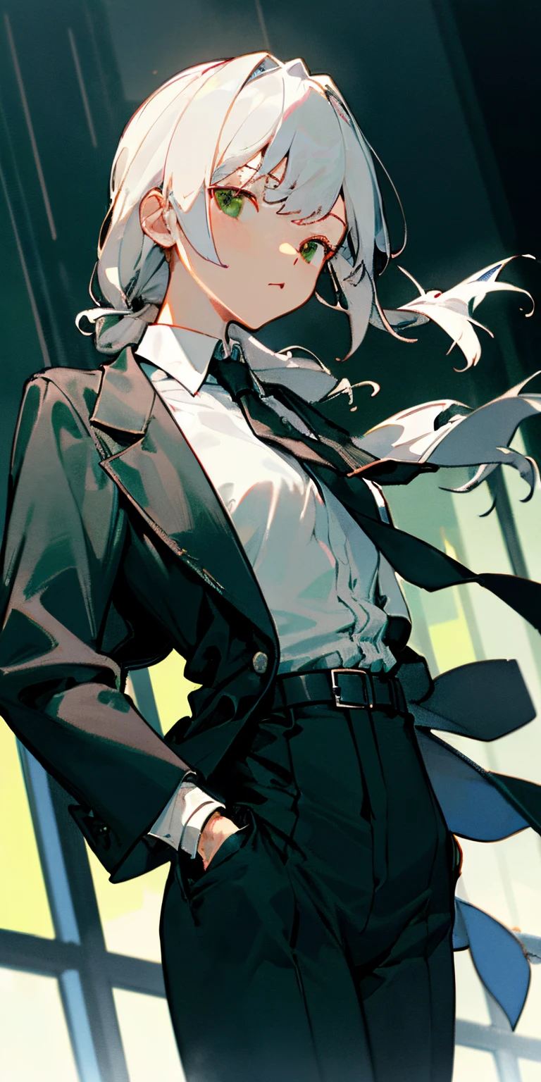 (masterpiece、top-quality)、(((frombelow、depth of fields、Dutch Angle、green lighting)))、floated hair、女の子1人、Upper body naked、nedium breasts、Nipple Exposed、独奏、Formal、hands on pockets、Suits、Black Gloves、建筑、looking at viewert、Black tie、Fingerless gloves、White shirt、sity、outside of house、Black jacket、a belt、Black pants、shirt with collar、Brown-eyed、is standing、long-sleeve、white hair、Cityscape、Open jacket、cowboy shot、Skyscraper、Black Suit、natta、pant suit、Very long hair