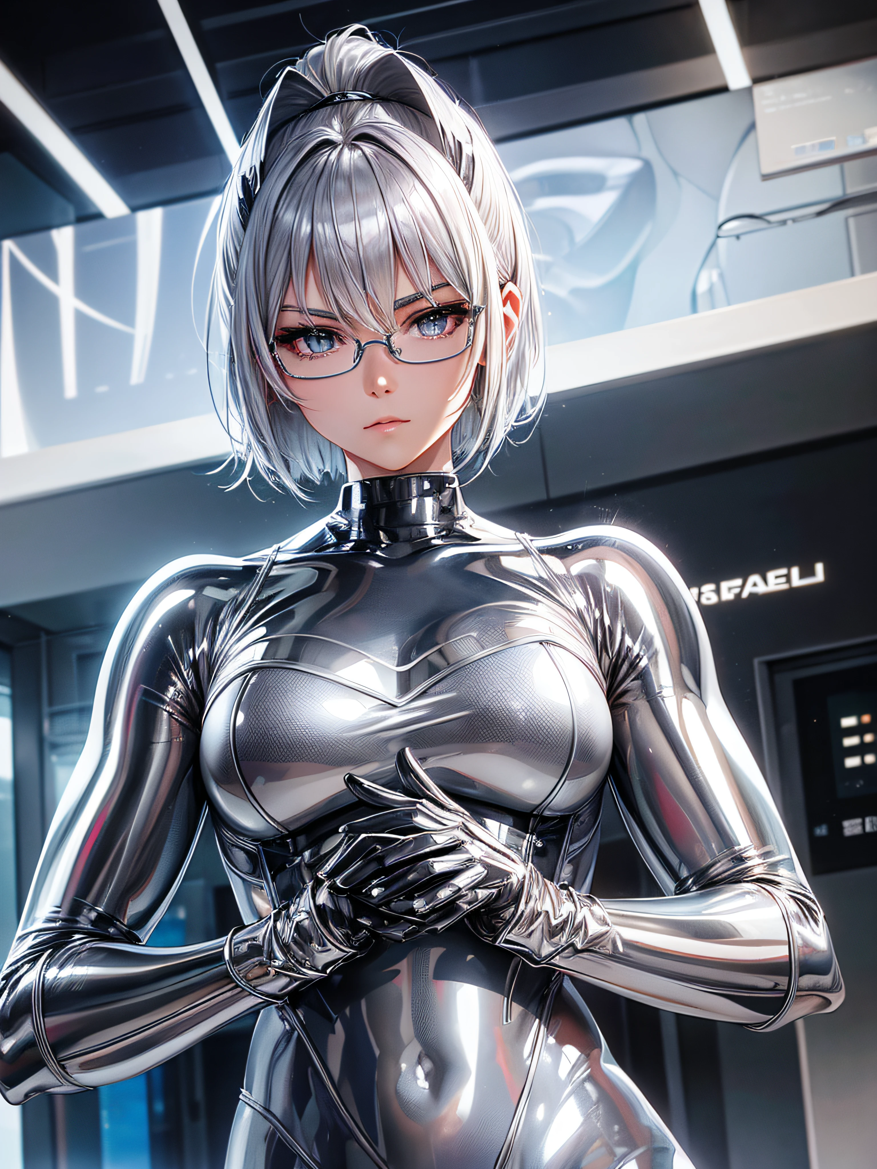 Top quality 8K UHD、Beautiful woman with short hair and silver hair wearing glasses and a silver metallic bodysuit、Beautiful woman wearing shiny silver tights and glasses