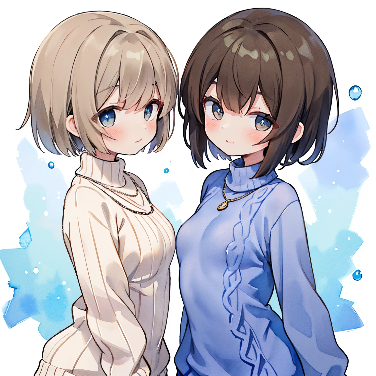 (top-quality、8K、32K、​masterpiece、nffsw:1.2)、1girl in：1.3、Photo of a cute Japanese woman、large full breasts、very short bobbed hair、The upper part of the body、 a necklace、simple background、Look around、A smile、Light brown hair：1.0、from the front side,(Small breasts:1.6),Ink drawing,Super big eyes,High detail eyes,pastel color,watercolor paiting,Petite,
BREAK
(turtle necked sweater:1.5),Wearing bottoms,