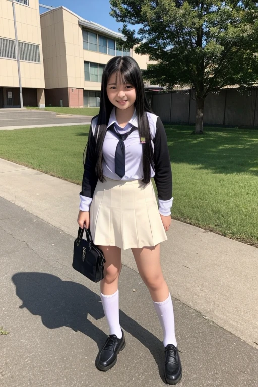 full body,from below,A -yeld juschool girl with long black hair wearing a school uniform with a naughty face