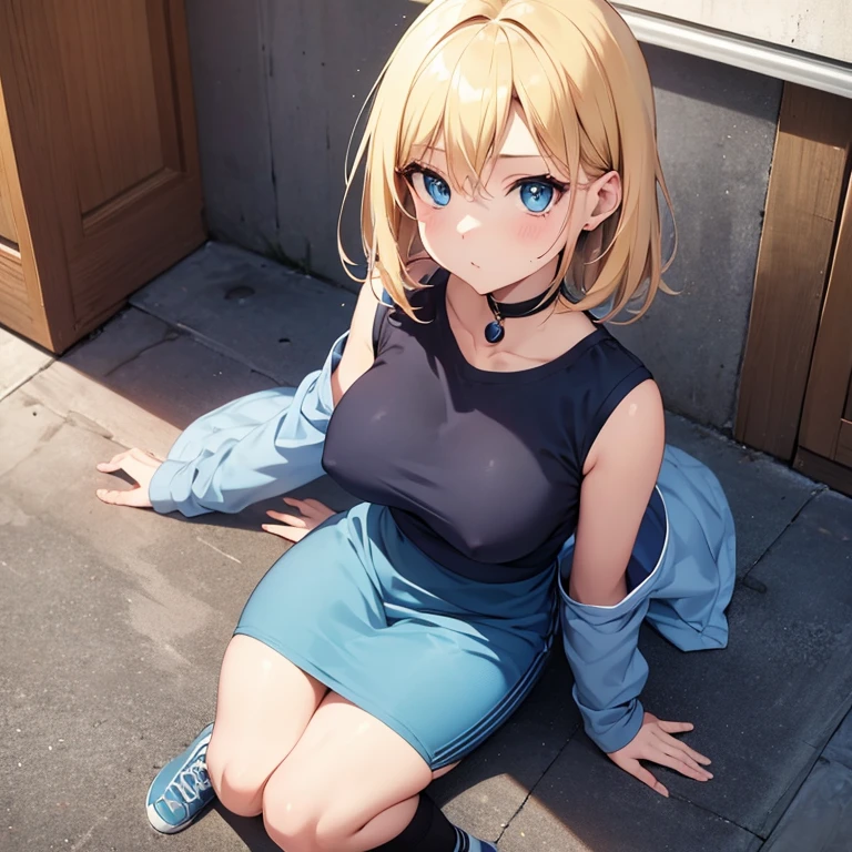 2D Anime Style、Blue eyes、Adults、breasts are slightly larger、Blonde Shorthair、Cool and beautiful woman、full body Esbian、Urban、wearing warm clothes、Thighs are visible