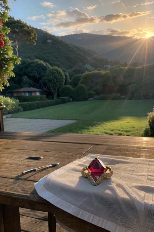 "Generate a realistic image featuring a clear, white diamond and, placed beside it, a vivid red ruby, both meticulously cut as exquisite gemstones, with sunlight casting a radiant glow upon them. Position these precious jewels on a rustic wooden table within a countryside home. Frame the camera to capture the table and gemstones in the foreground, with a blurred background revealing a sunset over the sea. Set the scene on a mountainside home, creating a picturesque view of the coastal landscape, where the detailed beauty of the gemstones harmonizes with the tranquil charm of the natural surroundings."