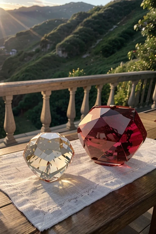"Generate a realistic image featuring a clear, white diamond and, placed beside it, a vivid red ruby, both meticulously cut as exquisite gemstones, with sunlight casting a radiant glow upon them. Position these precious jewels on a rustic wooden table within a countryside home. Frame the camera to capture the table and gemstones in the foreground, with a blurred background revealing a sunset over the sea. Set the scene on a mountainside home, creating a picturesque view of the coastal landscape, where the detailed beauty of the gemstones harmonizes with the tranquil charm of the natural surroundings."