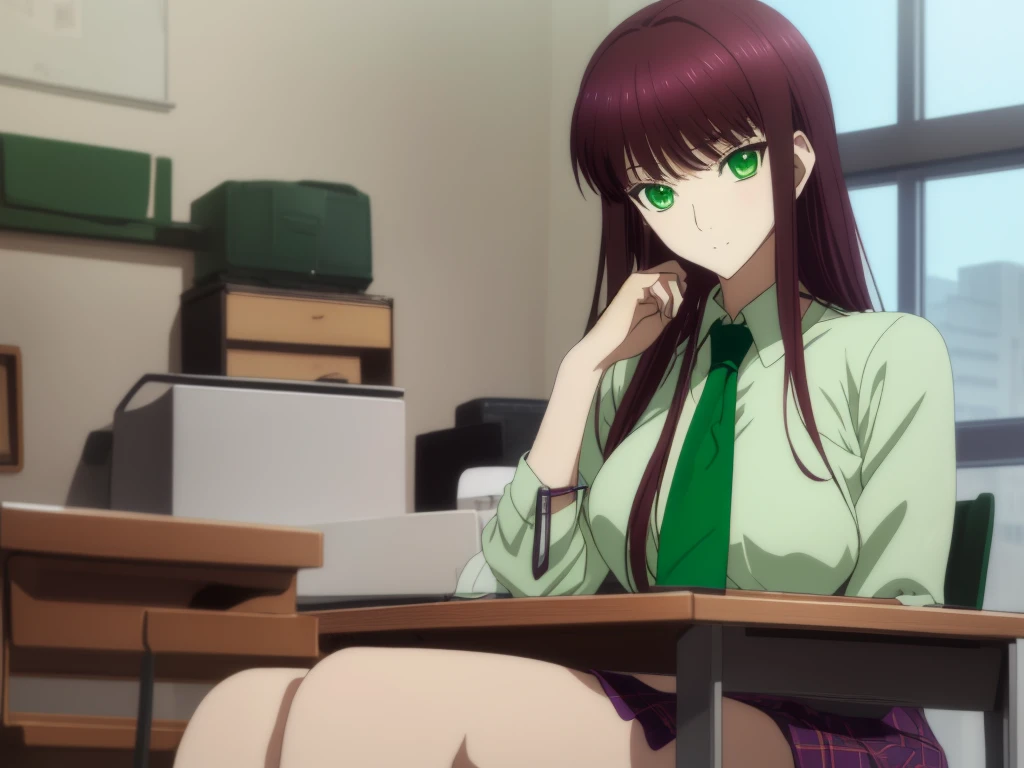 anime girl sitting at a desk with her hand on her chin,Anime scene of a girl sitting at a desk in the classroom,8K UHD, hight resolution,Very detailed CG, High quality shadows, Detail Beautiful delicate face, Detail Beautiful delicate eyes,BREAK(Very detailed 8k wallpaper),(Highly detailed CG 8K wallpaper),Makima (chain saw man),Sukasaha (Fate/grand order),Shimohira Reihua ,Hi-Res,Very delicate and beautiful CG illustration,top-quality,Realistic skin feeling,Realistic fabric,Realistic texture,beautiful thigh,big breasts thin waist,(((masutepiece))), (((Best Quality))),8K,32K,masterpiece,beautiful alluring anime woman,ultra-definition,ultra-detailliert,hight resolution,a hyperrealistic schoolgirl,masuter piece, Best Quality, High quality, High Definition, high quality texture, high quality shadow, high detailing,finely detail,1girl in,High school students,Solo,Soio,Only one person,Alone,One Person,tall,AS-Adult,Mature atmosphere,8 Head Body,stature:171cm,Mature girls,Reddish-purple hair,Reddish-purple hair,Purple hair,cassis colored hair,silky and smooth hair,Colorful hair,Straight hair,Straight face,Thinking Face,Pensive face,Cool Beauty,Beautuful Women,Neat face, Beautiful realism,beautiful hairl,She wears a necklace around her neck,Necklace,bead necklace,magatama accessories,A slight smil,Colorful eyes,green colored eyes,Jade-colored eyes,beautidful eyes,Bright eye,Delicat eyes,Jade Eyes,Hanging eyes,(Green eyes:1.5),Seductive face,((White collared shirt)),Button shirt,neck tie,Red tie,校服,High school students,School Sweater,Dark grey sweater,plaid skirts,school buildings,by the window,Classroom,student desk,School Chairs,Schools,bustshot,