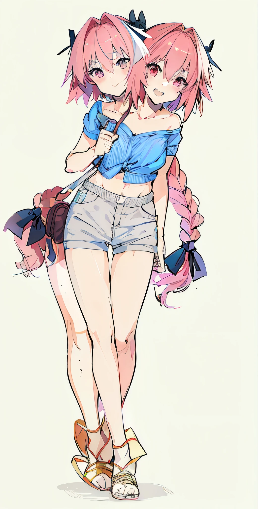 (2heads:1.5), anime girl with pink hair and blue shirt holding a purse, pigtails, full body portrait of a short!, anime full body illustration, an anime style, pink hair, blue shirt, (Astolfo:1.3), small boobs, flat chest