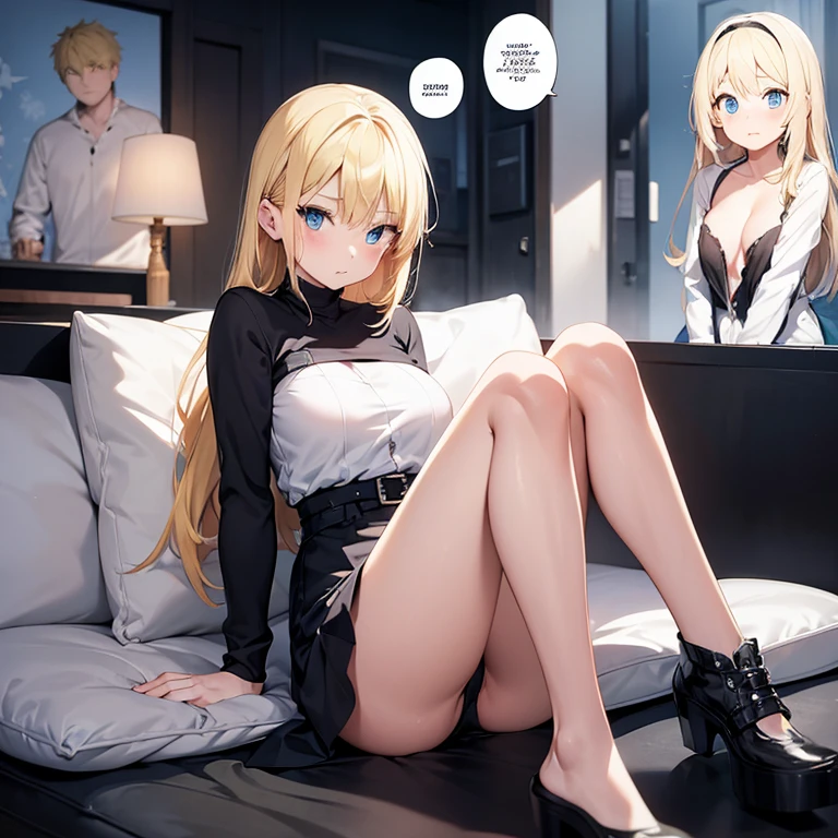 2D Anime Style、Blue eyes、Adults、breasts are slightly larger、Blonde Shorthair、Cool and beautiful woman、full body Esbian、urbane、wear warm black and white clothes、Thighs are visible