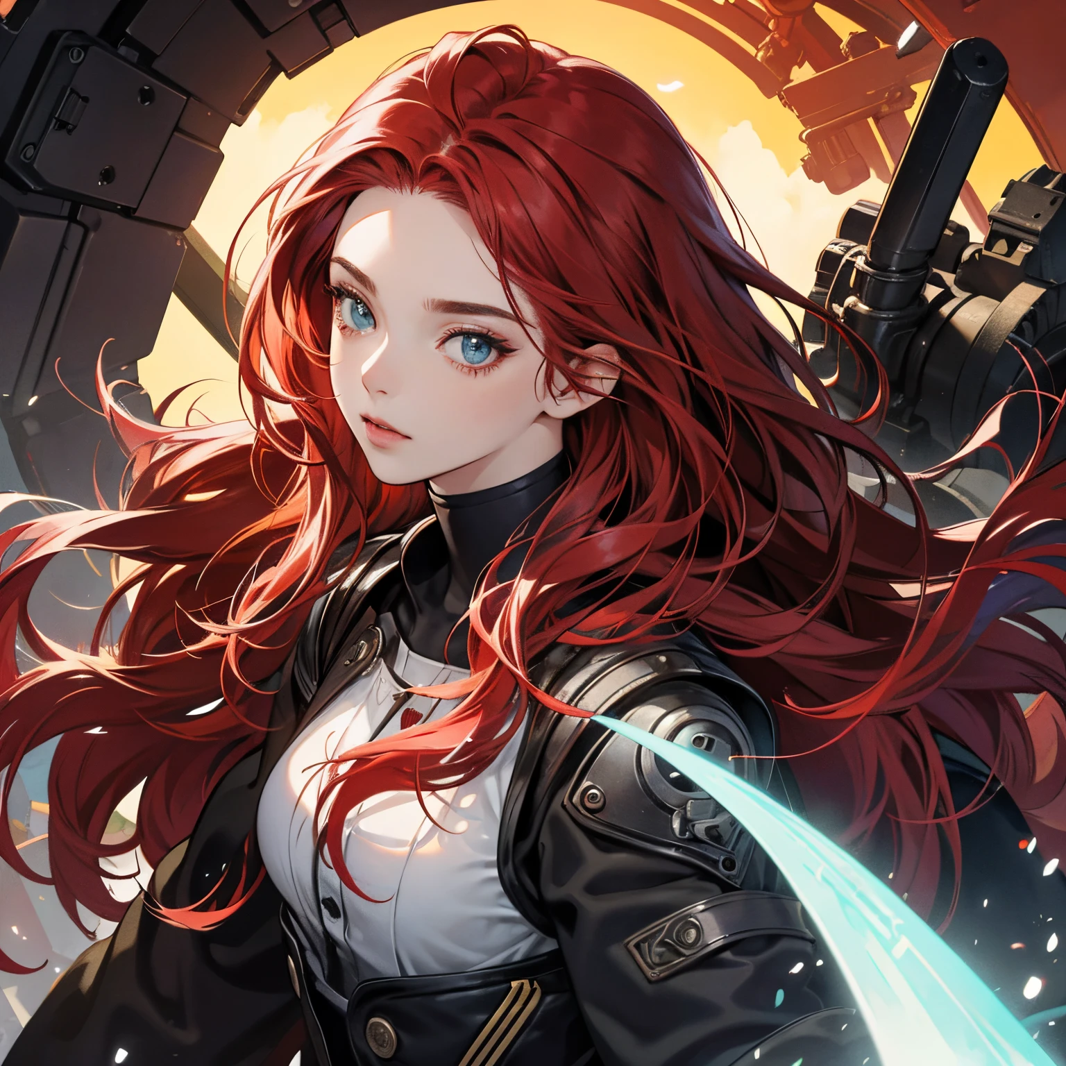 ruiva, Olhos azuis, Illustrations, alta qualidade, ultra-detalhado, vivid colors, retrato, tons de cores quentes, soft lighting, long flowing red hair, Mechanical Accessories, Contexto industrial, intense expression