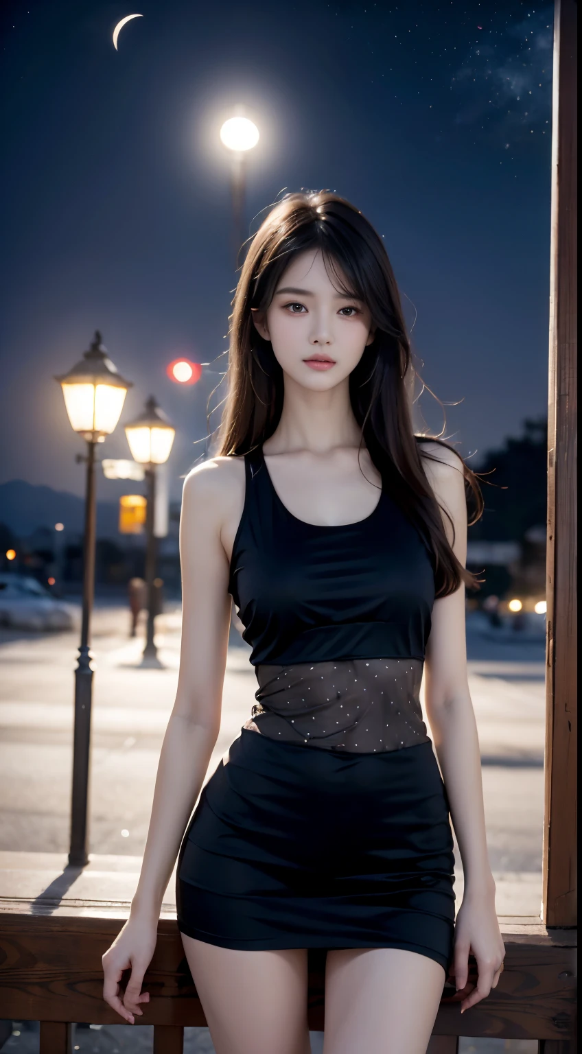 Beautiful long-haired girl waiting at the bus stop,Her hair shines charmingly in the dim light,Behind him is a graceful crescent moon,The sky is dotted with bright stars。She is quietly waiting for someone to arrive,The surrounding scenery looks particularly peaceful and mysterious in the bleak night。The picture has high-quality visual effects,Specifically include:Highest quality finesse and grinding results,Ultra-high sharpness(4k, 8k),Professional painting effect,Realistic composition and detailed description,Vivid and rich colors,Realistic photo-like texture,Realistic light and shadow effects,Magnificent scenes and pleasant light tones。Authentic photography、Delicate painting style、Dreamlike scenes etc.。