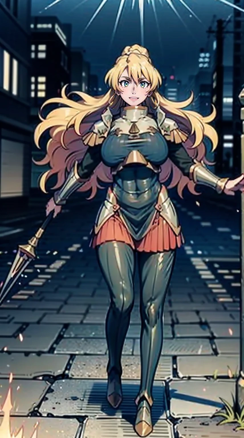 MyGauvain,Fairy Gawain Knight \(destin\),heterochromia,gros seins,muscular female,musculaire,yeux rouges, cheveux blonds, robe longue, marche, Robe victorienne,Londres, Medieval, sourire