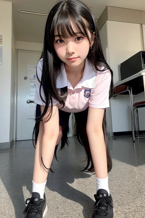full body,from below,A 14-year-old junior high school girl with long black hair wearing a school uniform with a blush,