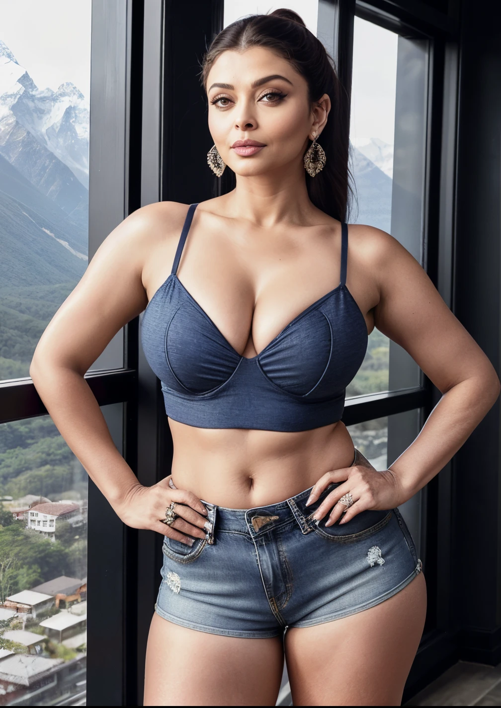 50 year old mature MILF Aishwarya Rai, sexy boss lady, denim mini shorts and tight micro crop top, ((exposing thighs)), knee high boots, deep cleavage show, ((high ponytail hair)), curvaceous athletic milf body, hourglass milf figure, ((perfect breasts)), seducing pose, posing in mount everest, sunny day scene, soft volumetric lights, intricate details, (ArtStation:1.2)