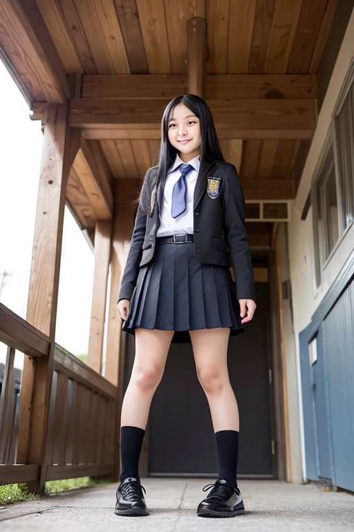 full body,from below,A 14-year-old junior high school girl with long black hair wearing a school uniform with a false smile,