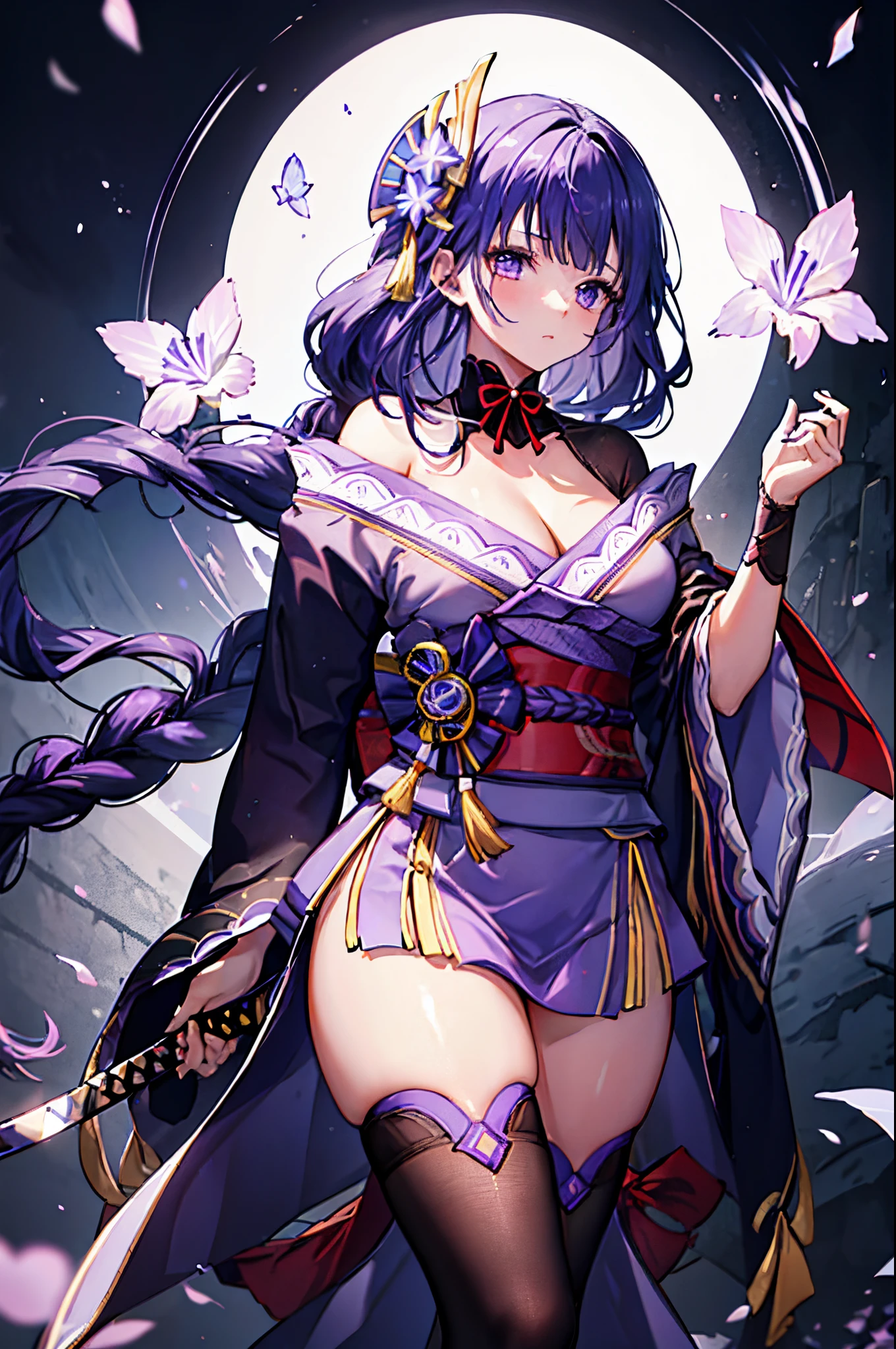 Realistic image, Detailed image, 1 girl (Raiden Shogun). She has long braided purple hair that goes behind her back and a hairpin on the right side of her. She wears a small crimson ribbon around her neck as a choker. Her kimono has a variety of patterns in different shades of purple and crimson. She wears dark purple stockings above knee level, with small diamond slits at the top. On the back of her outfit she wears a crimson bow with tassels. She also wears sandals; the one to her right is adorned with two pale violet flowers. Big breasts, thin waist, wide hips and thick thighs. She is pouting. Cold look. With a katana. Arched back. View from above. view of Breasts. Flat Bottom. Bottomless. Volumetric light. Ambient light.