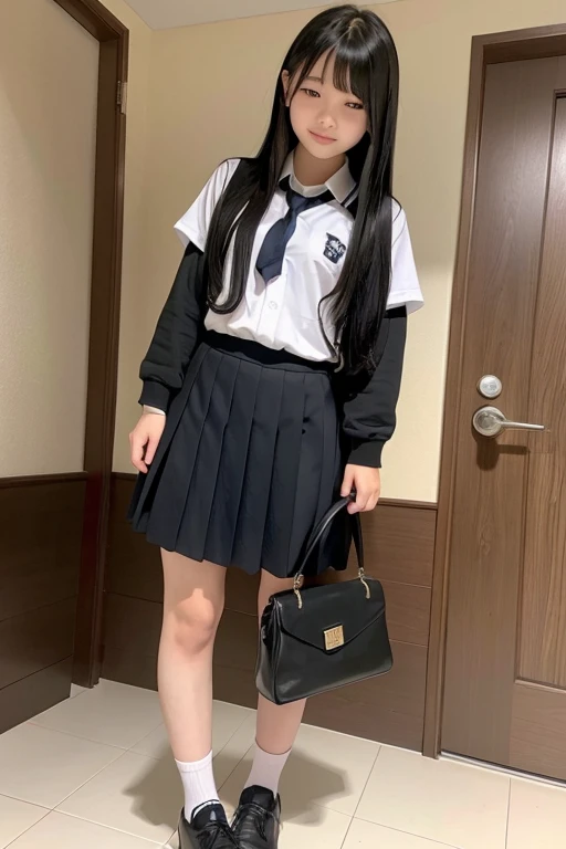 full body,from below,A 14-year-old junior high school girl with long black hair wearing a school uniform with a one eye closed,