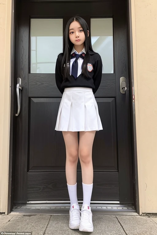 full body,from below,A -yeld juschool girl with long black hair wearing a school uniform with a scared