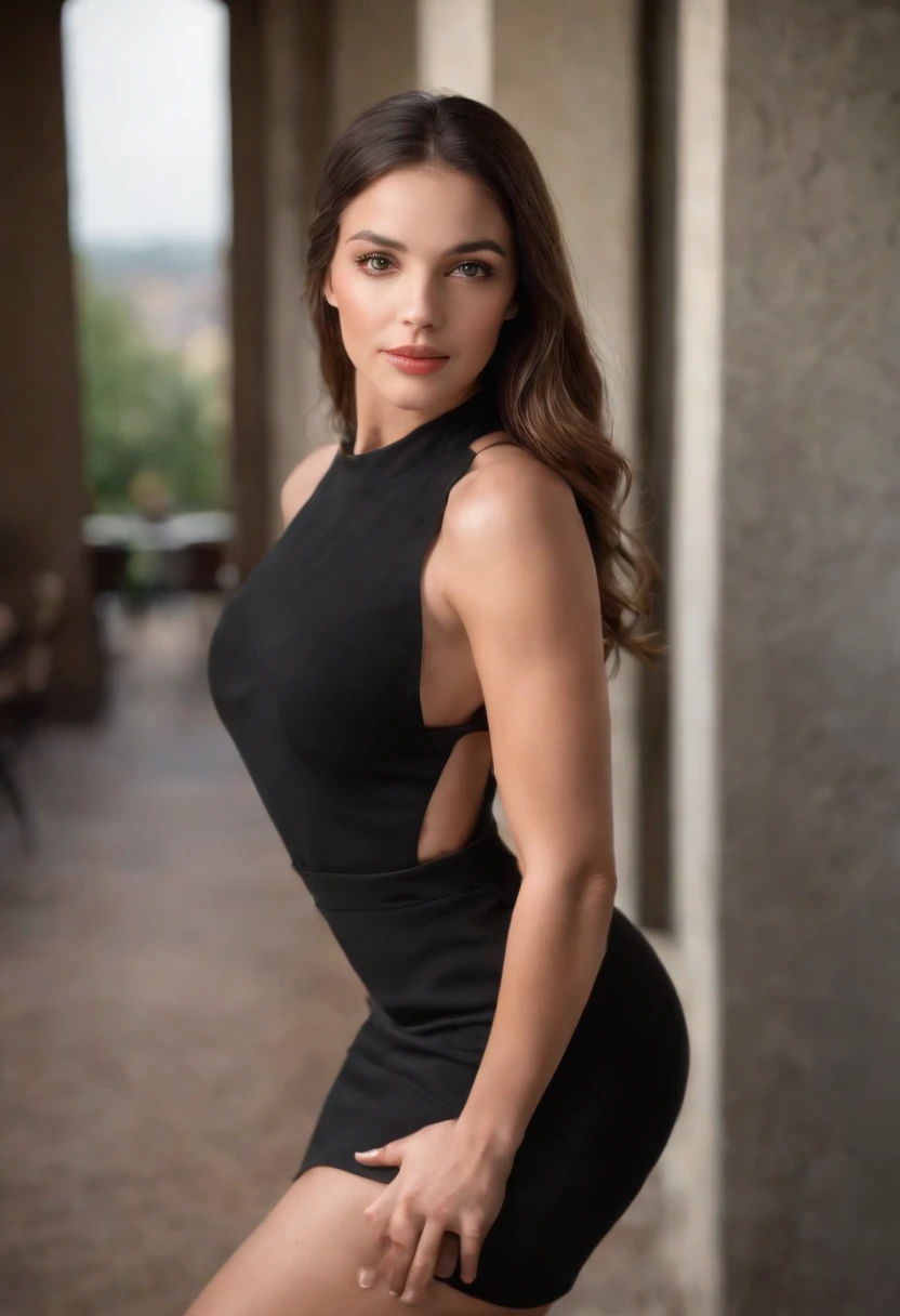 A beautiful woman with a big elastic butt, Posing for the camera with tight BLACK DRESS......,muy detallado, hermoso cuerpo y cara, se parece al original, Pelo rojo, en restaurante