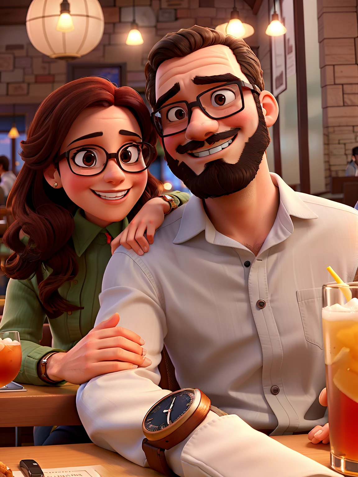 Couple in a restaurant having fun drinking in a romantic celebration. The woman on the left with her hand on the man's arm. Man wears glasses, He has a watch and wears a beard. They're both smiling.
