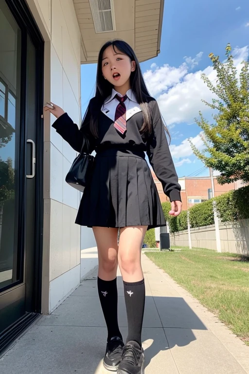 full body,from below,A 14-year-old junior high school girl with long black hair wearing a school uniform with a yawning,