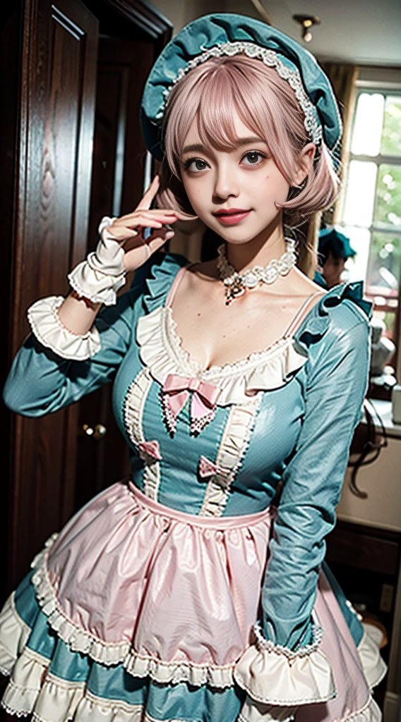 1girl in, Photo, masutepiece, sweetlolita, Tosca Dress Fabric, Cheek heart shape, Blush pink makeup, gloves, Smile, pastel color, ornate, Broderry, Bokeh