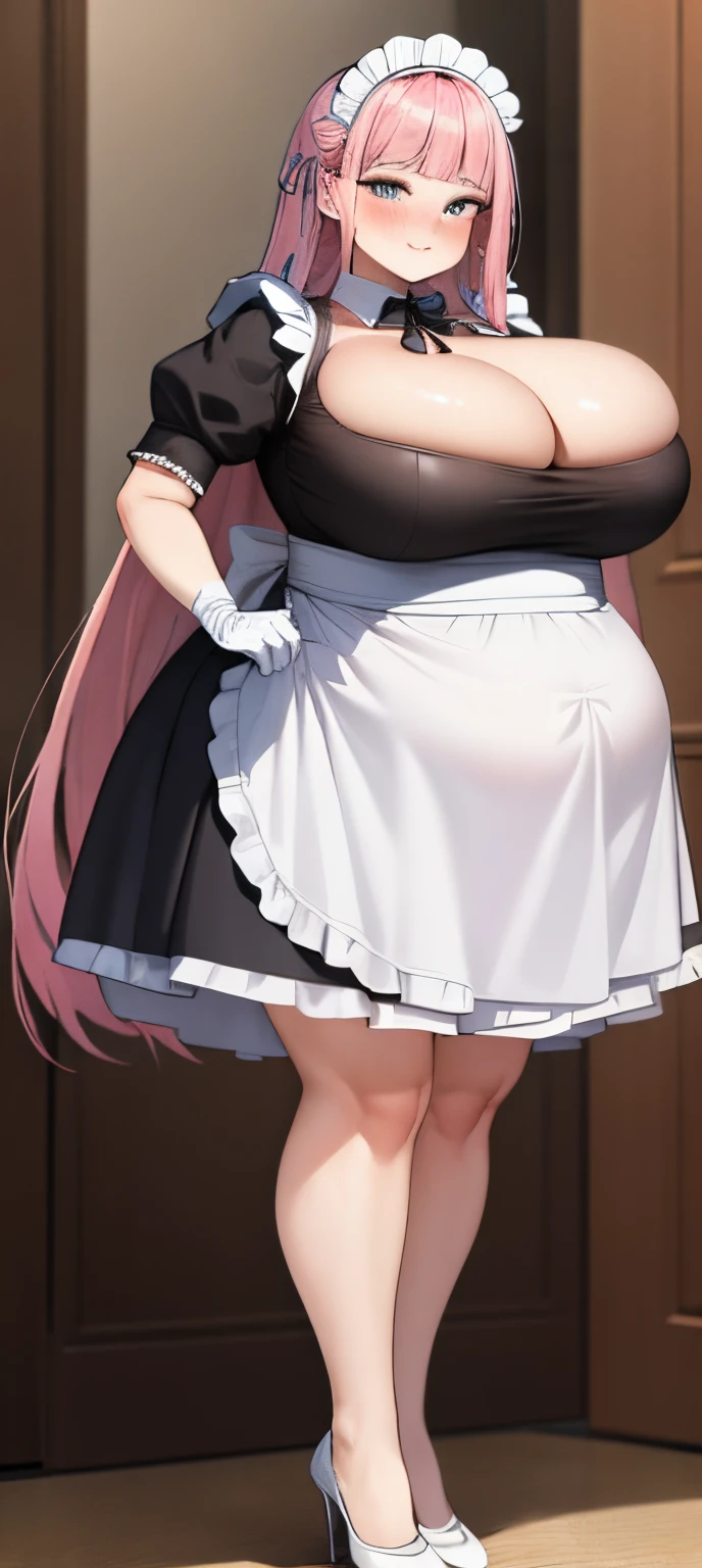 realistic, 1girl, pink hair, very long hair, wear bride veil, straight hair, blunt bangs, (beautiful eyes), blush, ((((white maid dress, fully clothed)))), ((big breast)), maid headband, white hand gloves, high heels, ribbon, night, indoor, staring at viewer, lipstick, closed mouth, bare foot, sfw, very big breast, [big belly], covered belly, thicc girl, standing, fat girl, obese girl, smile