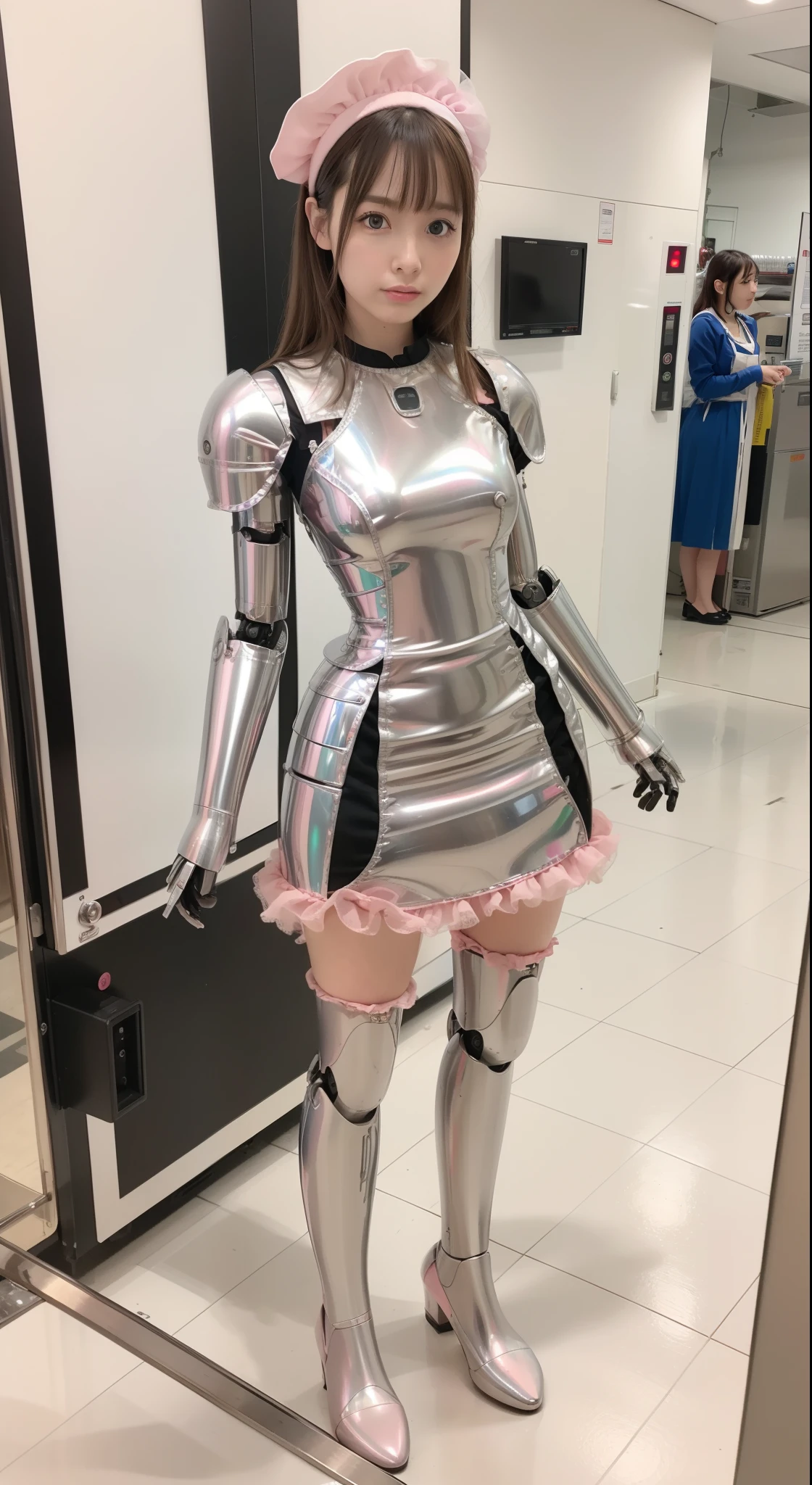 Robot Girl, pink there, Silver, Metallic body, Robot Parts, Metal Parts, Super Detailed Face, Super well-formed face, of the highest quality, a small face, a small head, Brown hair, Slender body, Camera gaze, Internal Mechanical Exposure, Idol, front facing, Well-proportioned body, sale, Exhibited, Event Hall, Moe Pose, pink metallic ta dress machine armor, Standing with legs open, Model body type, sad, Embarrassing,(Perfect Robot Girl),(Perfect machine body)