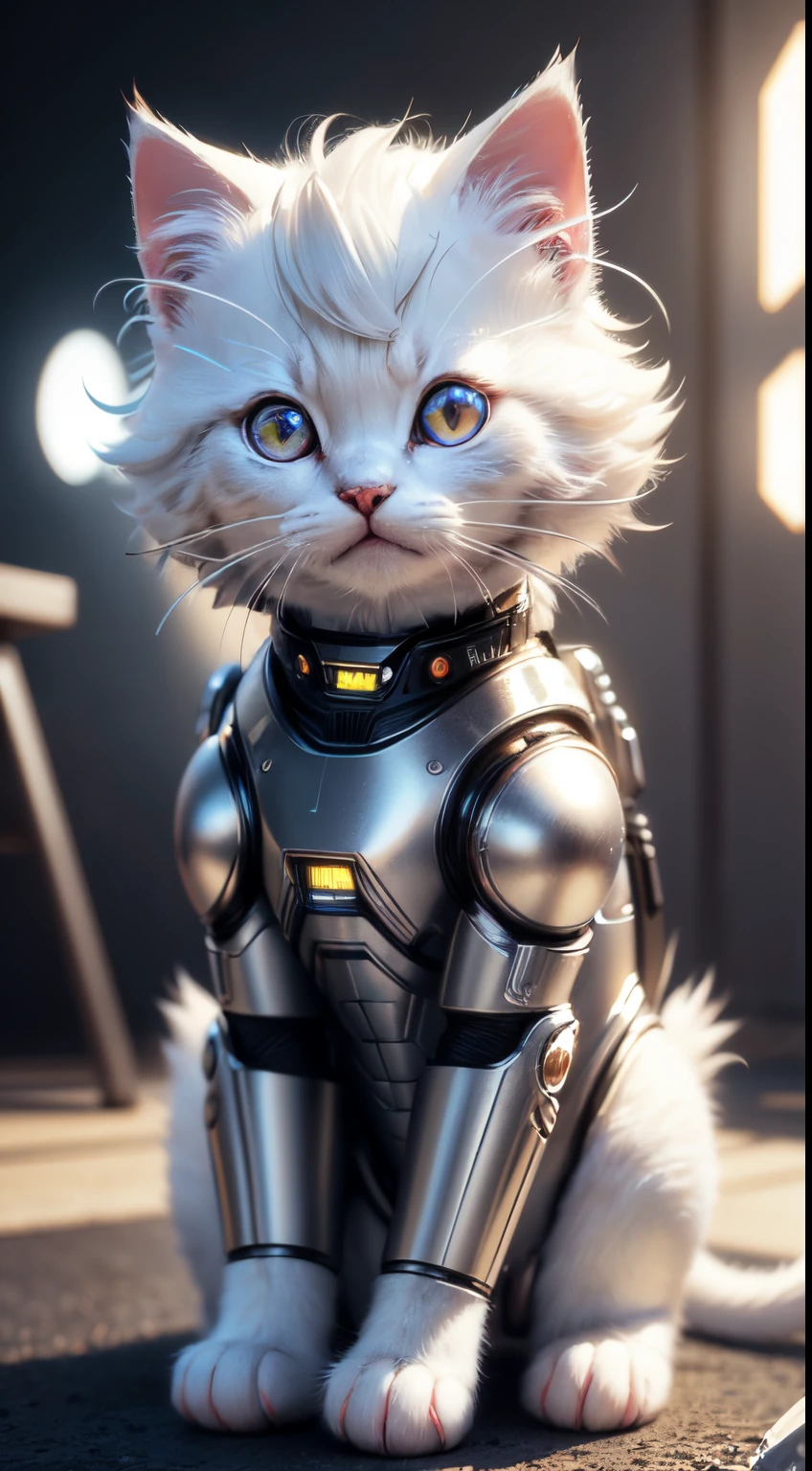 A cute metallic white fur kitten，(Cyborg:1.1)，([Tail|detailed wire]:1.3)，(complexdetails)，hdr，(complexdetails，ultra - detailed:1.2)，Cinema lenses，Halo shadow，at centre，White-haired kitten！！！，red colour，ssmile，Funny，crystal，brightly，shaggy，