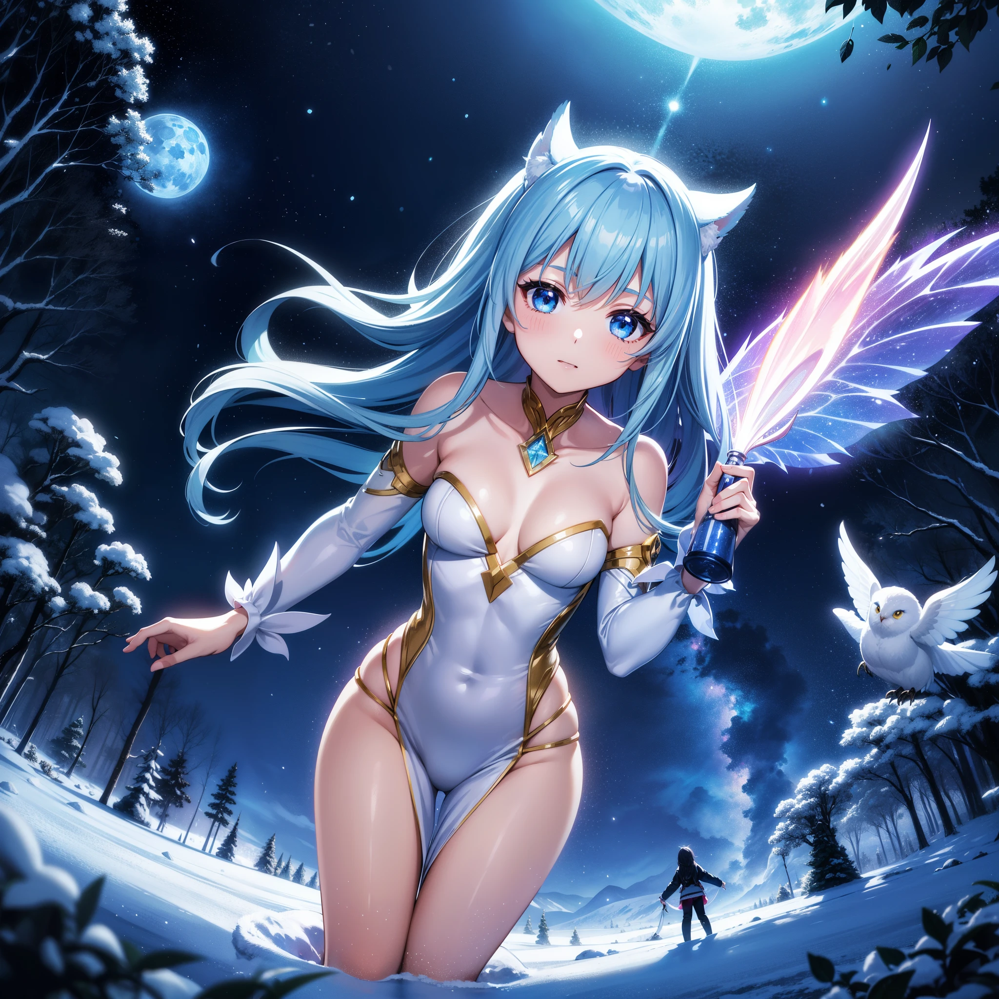 ((ultra-detailliert)), ((Best Illustration)), ((Movie Lighting)), Dynamic Angle, floating, Fine, (The Flash: 1.2), (shine: 1.2), (shine: 1.2), "(Best Quality), Super detailed depiction of a beautiful girl, Light blue long hair、Twin-tailed、 Fantastic background、Fantasia、Fairy World、In the colorful forest、Surrounded by snow-white owls and vivid vegetation、cinematic colors、Refreshing, Starry sky、Dazzling moonlight