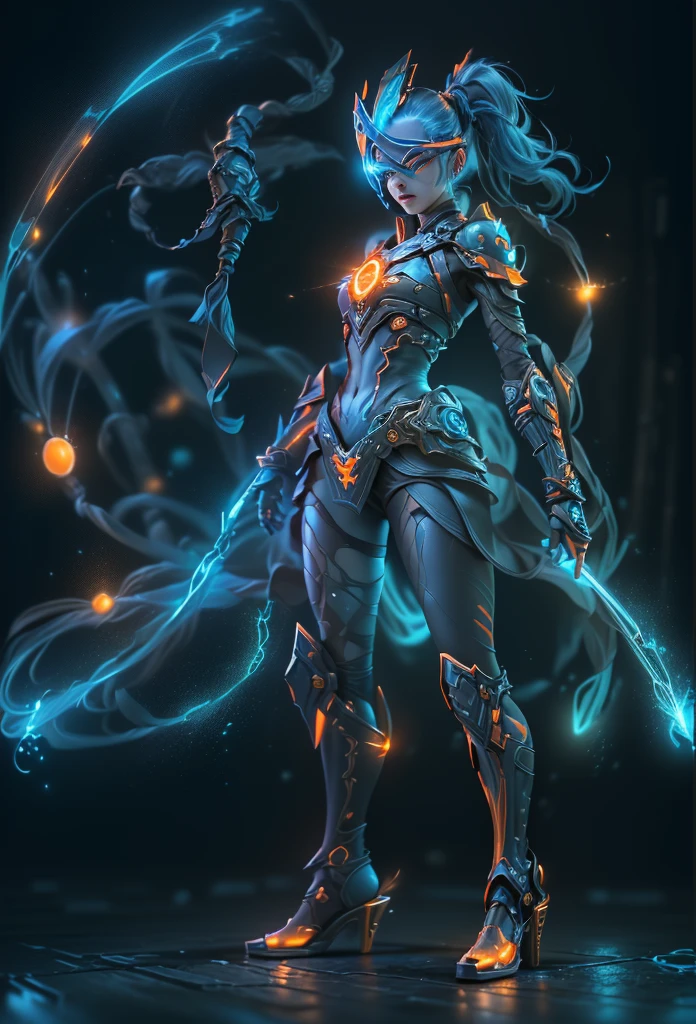 jinxlol, Game character design,3D character rendering,(((pixar-style))),League of Legends Jinx,((1girl,Blue double ponytail,Red eyes,big laughter,future warrior,Mechanical Warframe,Decorated with luminous lines and rivets,With streamer effect or LED light embellishment,Laser cannon、Ion cannon or pulse cannon)),((hair design:Brilliant deep blue,Add some glowing elements,Futuristic headgear such as orange photoelectric glasses or head-mounted display)),((Expression design:Add some glowing lines or orange LED light effects to the facial decoration,Design different facial expressions,Highlight the image of future warriors)),(action design:On the move、When releasing a skill or attacking,Add some special effects and animations,Highlight the sense of future and combat),((Special effects design:Add cool orange light effects、Electromagnetic wave effect or virtual interface,Enhance the visual impact of skin)), (((standing on your feet,Metal heels: 1.8, Glowing lines or orange LED light effect))), (full body shot of: 1.5),Game character