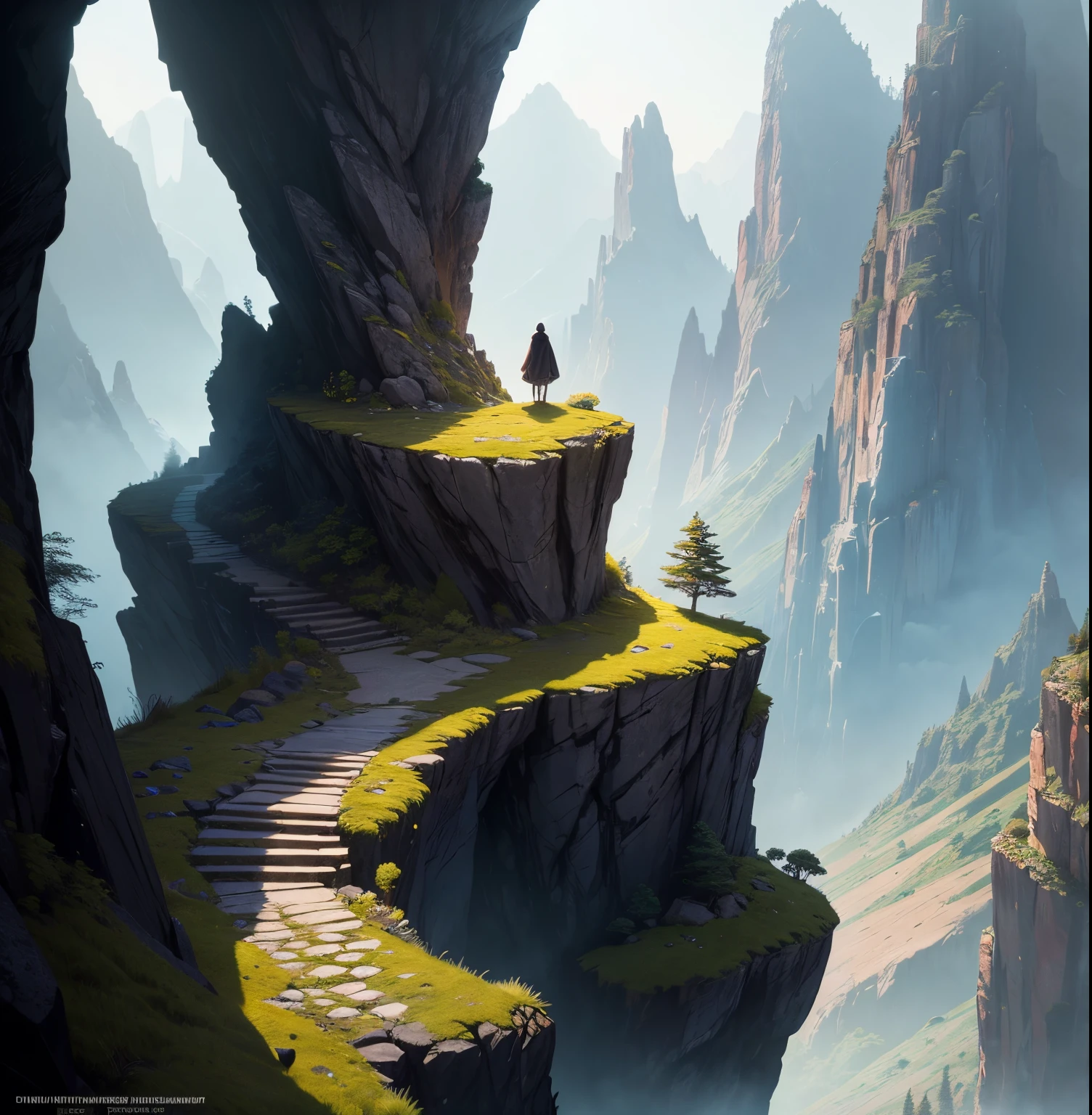 a rocky hood, mountainous terrain, towering cliffs, jagged rocks, deep crevices, rugged landscape, moss-covered stones, a winding path, dense vegetation, vibrant wildflowers, a small waterfall, sunlight piercing through the tree canopy, a solitary figure standing at the edge, wearing a cloak of darkness and mystery, a sense of adventure, a feeling of isolation and tranquility, surreal colors blending seamlessly, dramatic lighting, an epic artwork, best quality, ultra-detailed, realistic, HDR, studio lighting, vivid colors.