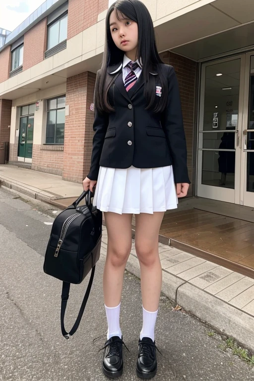 full body,from below,A -yeld juschool girl with long black hair wearing a school uniform with a furrowed brow