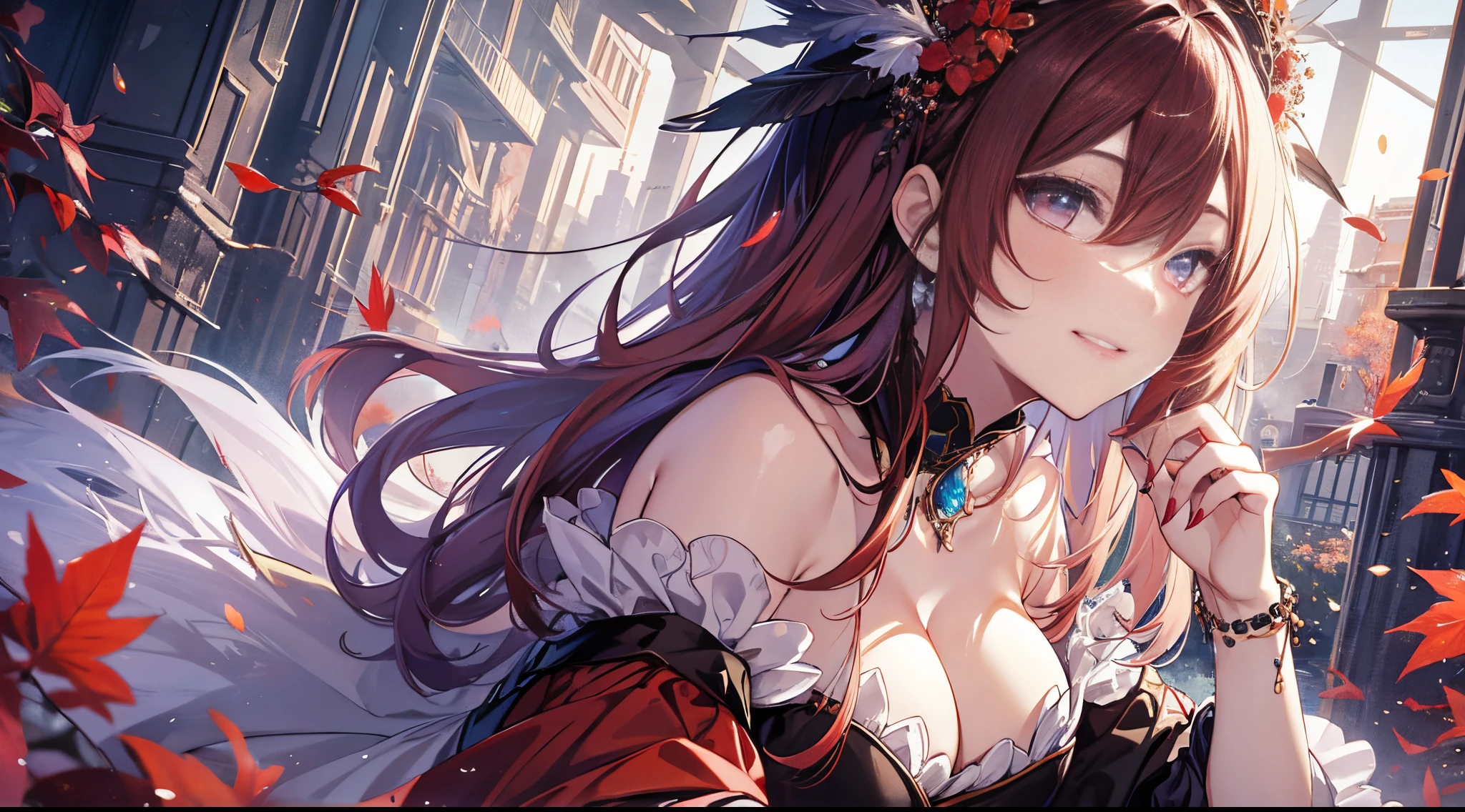 ((tmasterpiece:1.4,Best quality at best))+,(hyper-detailing)+,(Ultra-detailed eyes)+,(winged ears:1.5),
(cute girls),15year old,(Crimson pupils:1.15),Long dark blond hair,long braid,Bushy hair(wariza:1.2),pale-skinned,Seductive smile,Star Crystal,red bird feathers,Empty eyes,Blood-red lips
(She wore a conservative red and yellow bird feather coat,Black pattern,:1.5),(Starry Sky Cloak:1.4)The sleeves are extra-long,Red bird feather headdress,Flame hair,baiyun,A sea of red leaves and vines,Dream bubbles,black fingernails,green leafy corolla,red apple,Purple grapes,Turn your back to everyone,purple tears,Metal anklet
(bird feathers:1.1),
(dawn light:1.2),
(Thick black and white:1.16),(depth of fields:1.4),Complicated details,color mixing,Detailed route,Excellent,super detailing,The content is very detailed,(hight contrast:1.11),ventania,Amazing cleavage,beautidful eyes,messy hair,(best illuminate,Extremely Delicately Beautiful), ((movie light lighting)), (seen from the side:1.3),8K,tmasterpiece,Best quality at best,cinematic Film still from,1 plump girl,(Close-up cleavage:1.1),bright,cheerfulness,Interesting,gentlesoftlighting,(bauhause,shape,line engineering,Abstract:1.1)offcial art, Unity 8k壁纸, ultra - detailed, Beautiful and beautiful, tmasterpiece, Best quality at best, (dynamic angle:1.4),romantic depth of field exotic_dance,PerfectNwsjMajic,(tmasterpiece,top-quality,Best quality at best,offcial art,Beauty and aesthetics:1.2),The content is very detailed,rich colourful,highest details,