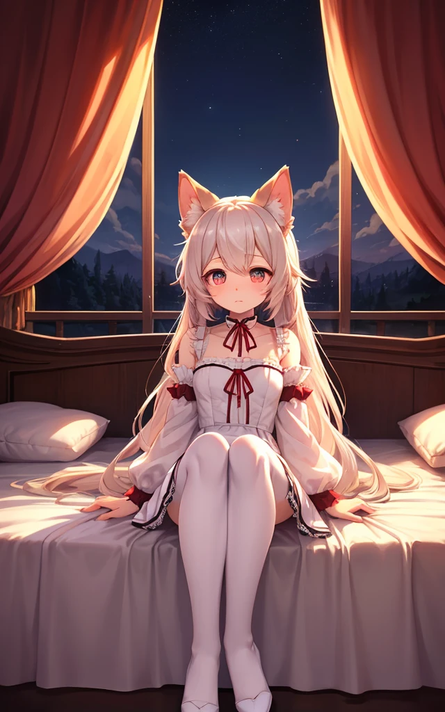 under the soft moonlight,A sleepy-eyed one、Chaotic yet beautiful image of sitting on a luxurious bed,Wearing a thin white dress,Slender legs wearing white lace stockings,Decorated with cute animal ears。The sleeves elegantly cover her slender hands,Highlighting the charm of her watery innocent eyes and flashing red vertical pupils。There are flowing curtains on the left side of the room.,Swaying gently in the night wind,Light seamlessly traces every contour,casting an ethereal ambiance。This mesmerizing scene combines the beauty of anime style with the charm of adorable Lolita in the best quality of 8k HDR,Form a unique picture。