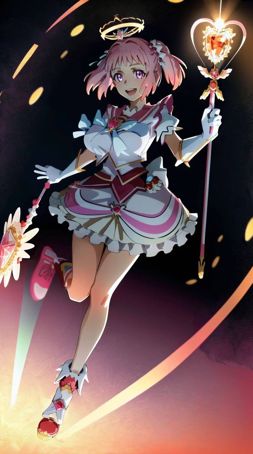 Girl, pele pintada de branco, clown, nariz vermelho, Pink hair, clown clothes, roupas curtas, coxas nuas, olhando para o telespectador, hands back