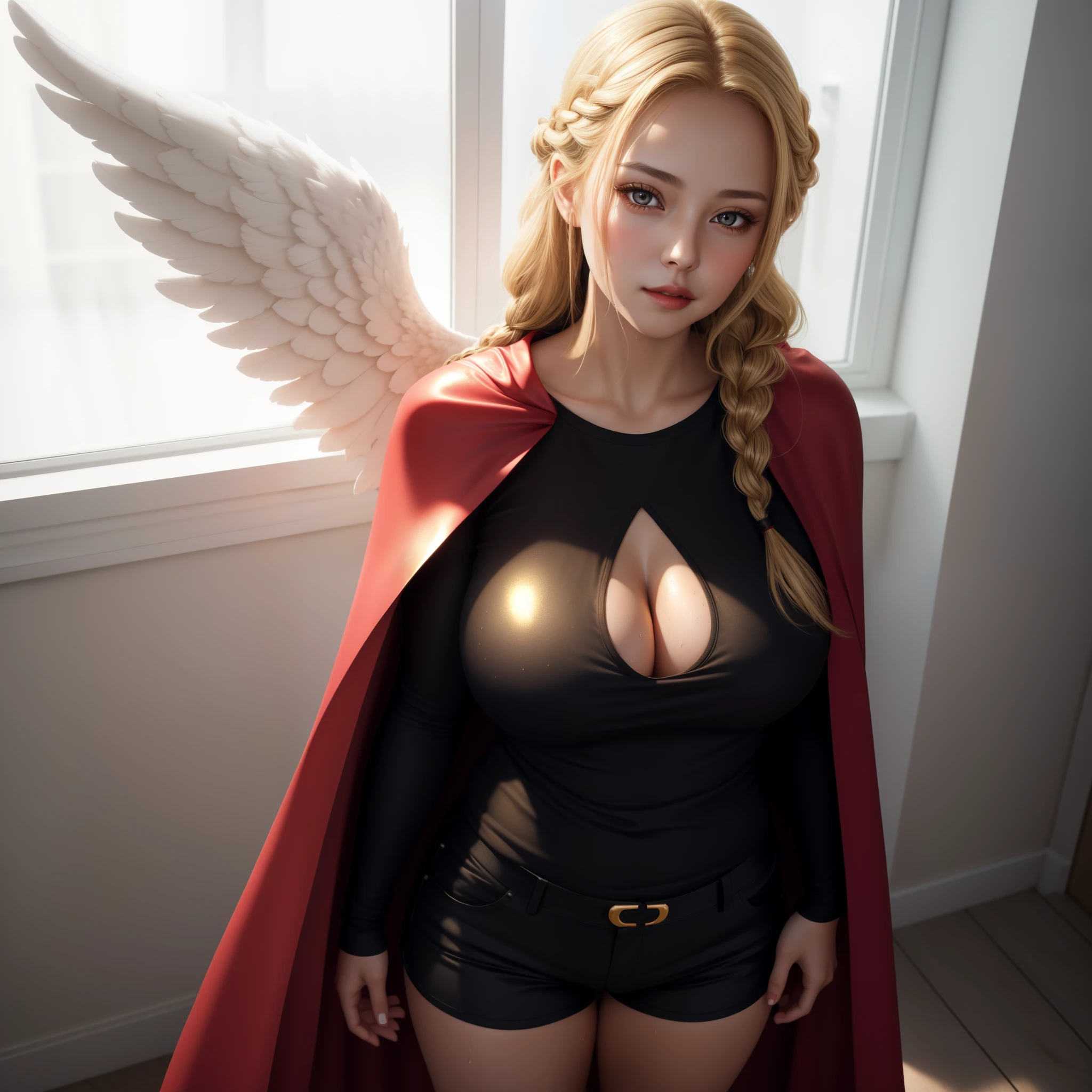 1girl, long gold hair, beautiful eyes, beautiful face, perky breasts, black tshirt, short pants, braid, looking at viewer, facing the light, lips, thick red cape, angel, day, radiant skin, wet body