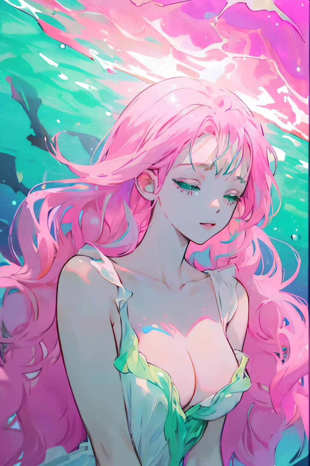 ((SuperiorQuality,16k,tmasterpiece:1.3)),(Beautuful Women,1个Giant Breast Girl,Sleep at the bottom of the sea,dark ocean scenery,white dresses),pink and green,Rich colors,floated hair,(high saturated),(colorful splash),Colorful bubbles,(Shiny)