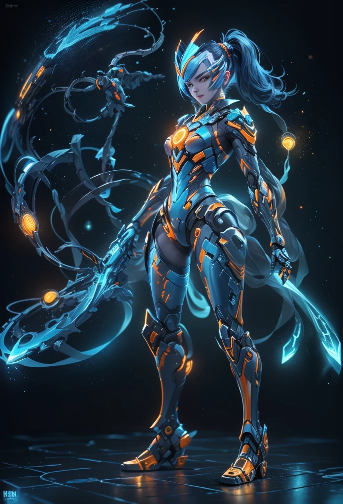 jinxlol, Game character design,3D character rendering,(((pixar-style))),League of Legends Jinx,((1girl,(Blue double ponytail: 1.5),Very long blue braids,Red eyes,big laughter,future warrior,Mechanical Warframe,Decorated with luminous lines and rivets,With streamer effect or LED light embellishment,Laser cannon、Ion cannon or pulse cannon)),((hair design:Brilliant deep blue,Add some glowing elements,Futuristic headgear such as orange photoelectric glasses or head-mounted display)),((Expression design:Add some glowing lines or orange LED light effects to the facial decoration,Design different facial expressions,Highlight the image of future warriors)),(action design:On the move、When releasing a skill or attacking,Add some special effects and animations,Highlight the sense of future and combat),((Special effects design:Add cool orange light effects、Electromagnetic wave effect or virtual interface,Enhance the visual impact of skin)), (((standing on your feet,Metal heels: 1.8, Glowing lines or orange LED light effect))), (full body shot of: 1.5),Game character